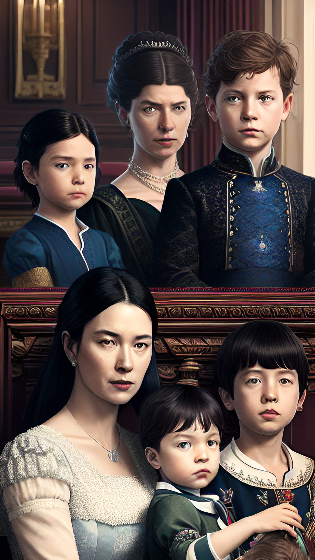 portrait of a tired noblewomanand her children with dark interior background scene, black, tones of red wine and midnight blue with contrasting bright highlights preview