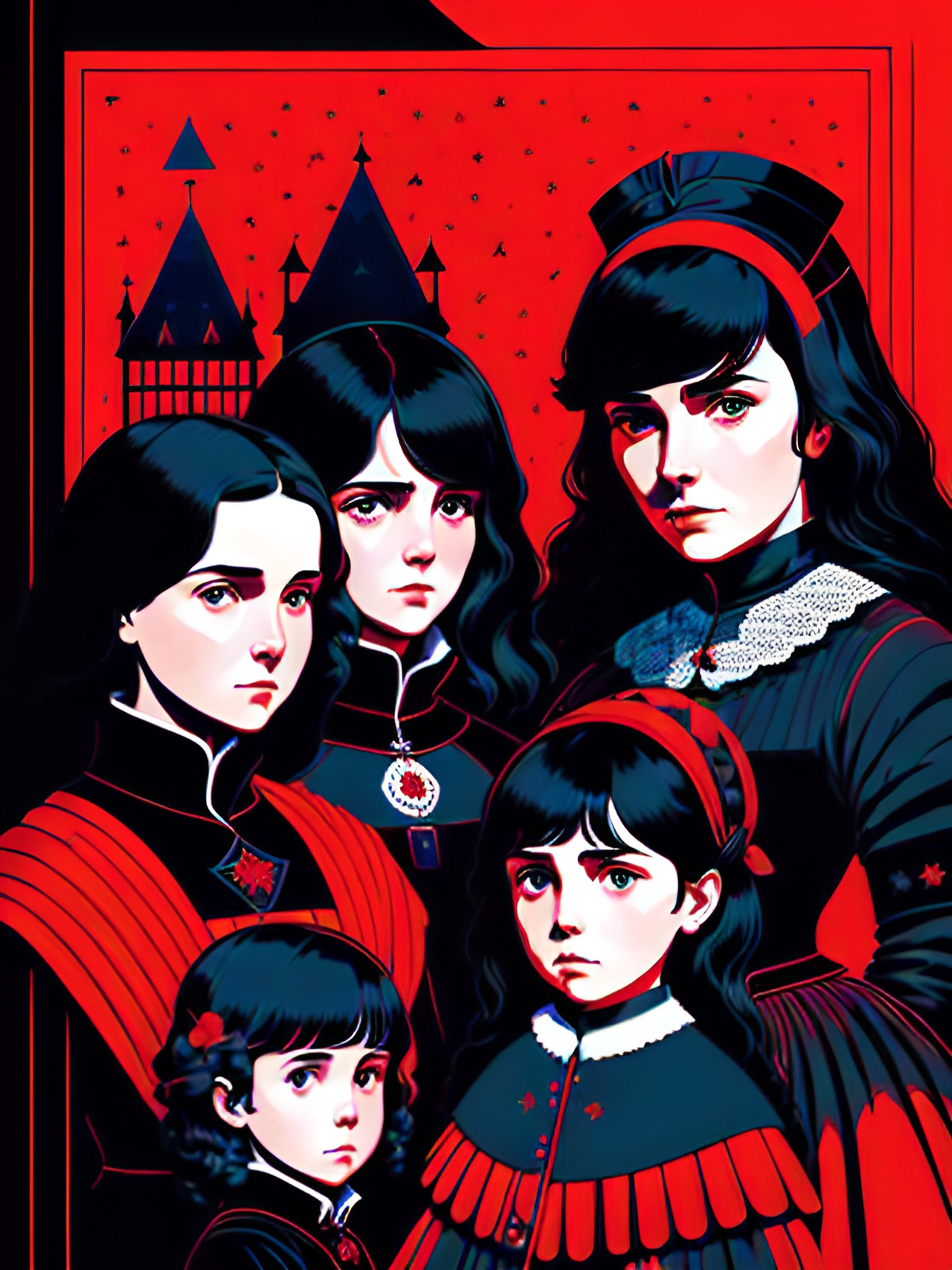 portrait of a tired noblewomanand her children with dark interior background scene, black, tones of red wine and midnight blue with contrasting bright highlights preview