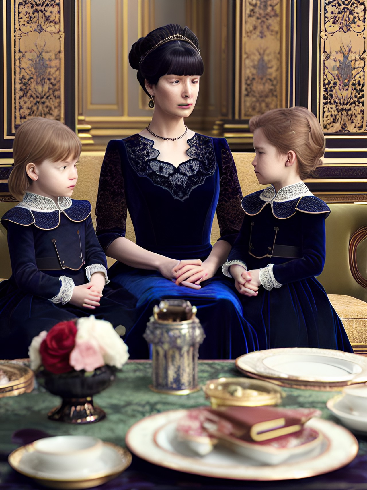 portrait of a tired noblewomanand her children with dark interior background scene, black, tones of red wine and midnight blue with contrasting bright highlights. velvet and lace. preview