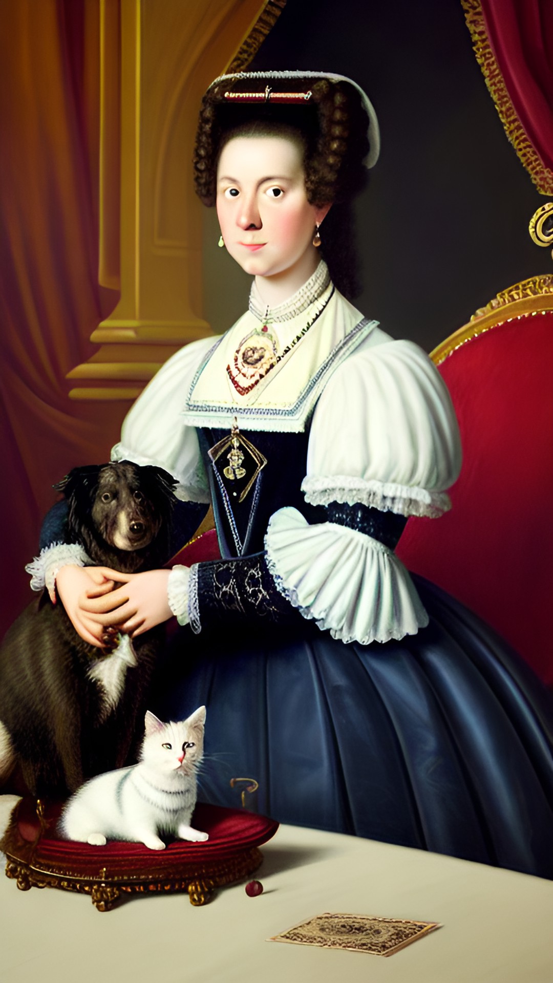 lightheaded portrait of a charming 17th century heiress and her pets with dark interior background scene, black, tones of red wine and midnight blue with contrasting bright highlights. preview