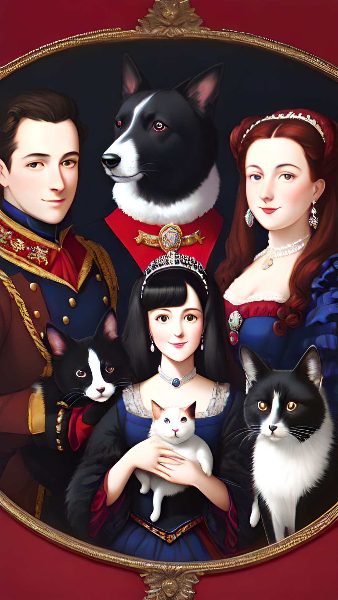 lighthearted portrait of a cheerful duchess and her pets with dark interior background scene, black, tones of red wine and midnight blue with contrasting bright highlights. preview