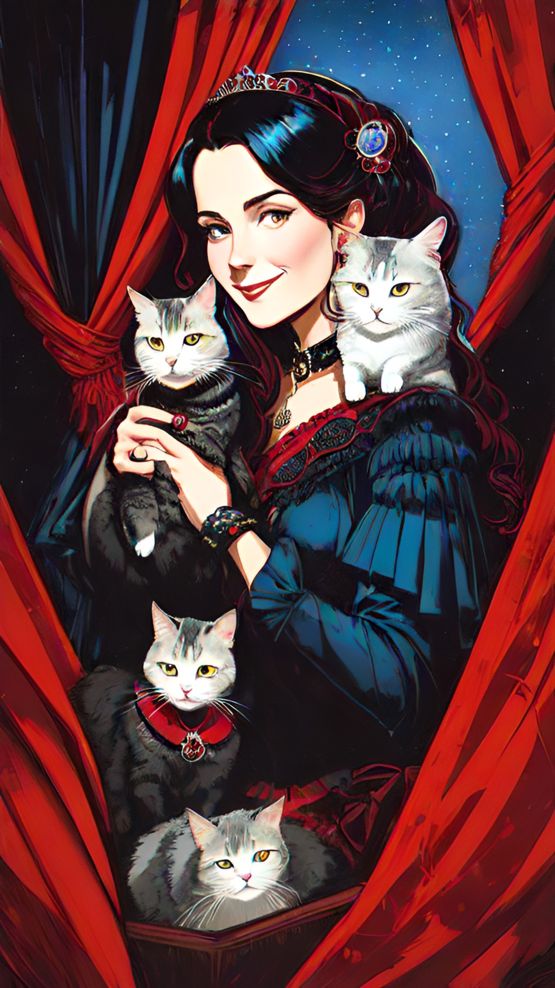 lighthearted portrait of a cheerful duchess and her pets with dark interior background scene, black, tones of red wine and midnight blue with contrasting bright highlights. preview