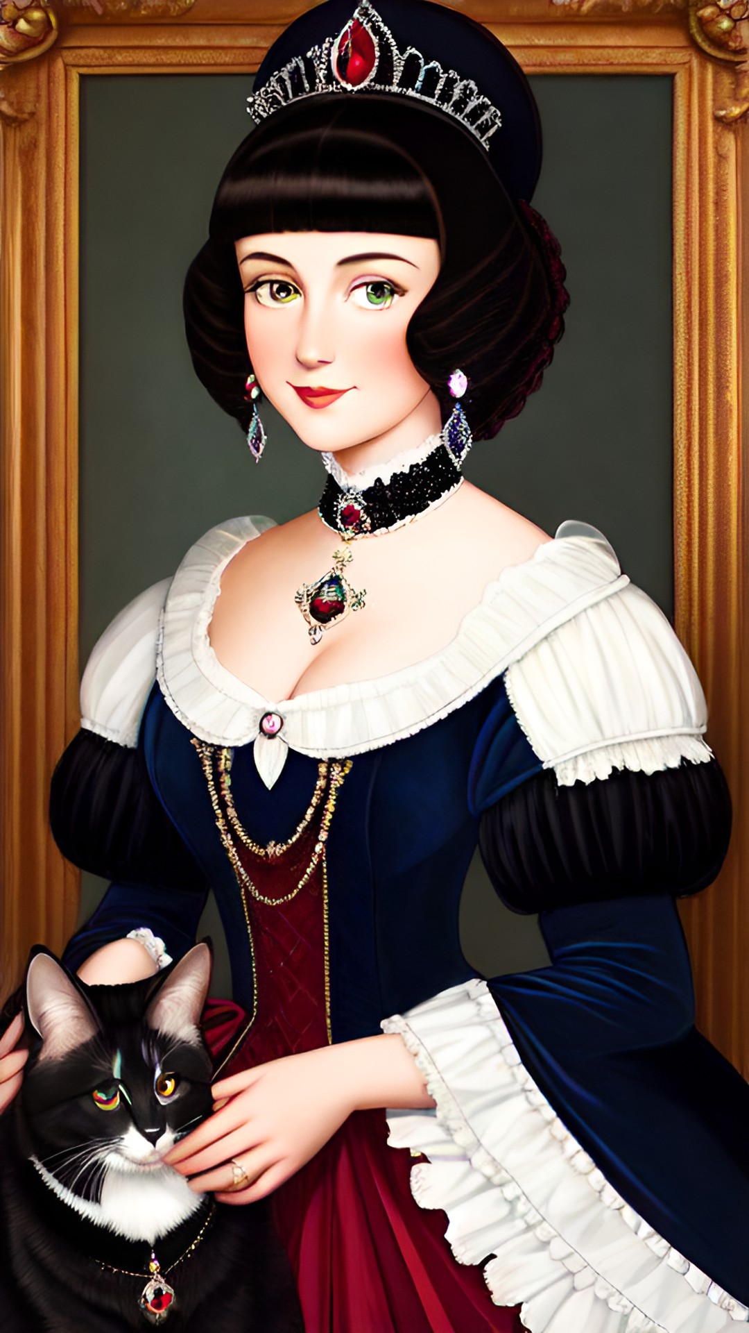 lighthearted portrait of a cheerful duchess and her pets with dark interior background scene, black, tones of red wine and midnight blue and gem tones of ruby sapphire diamond and emerald with contrasting bright highlights. preview