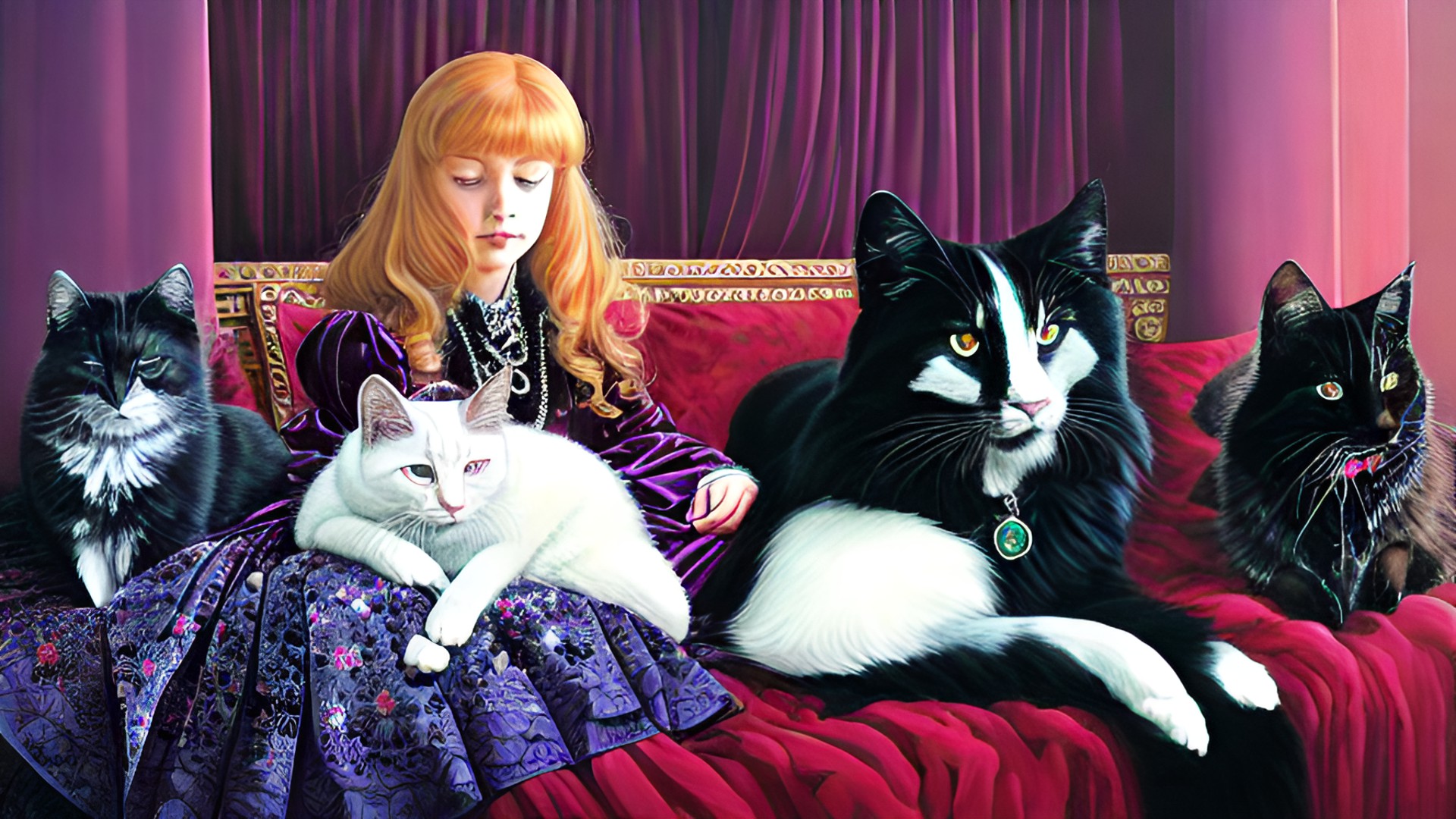 lighthearted portrait of a cheerful duchess and her pets with dark interior background scene, black, tones of red wine and midnight blue and gem tones of ruby sapphire diamond and emerald with contrasting bright highlights. preview