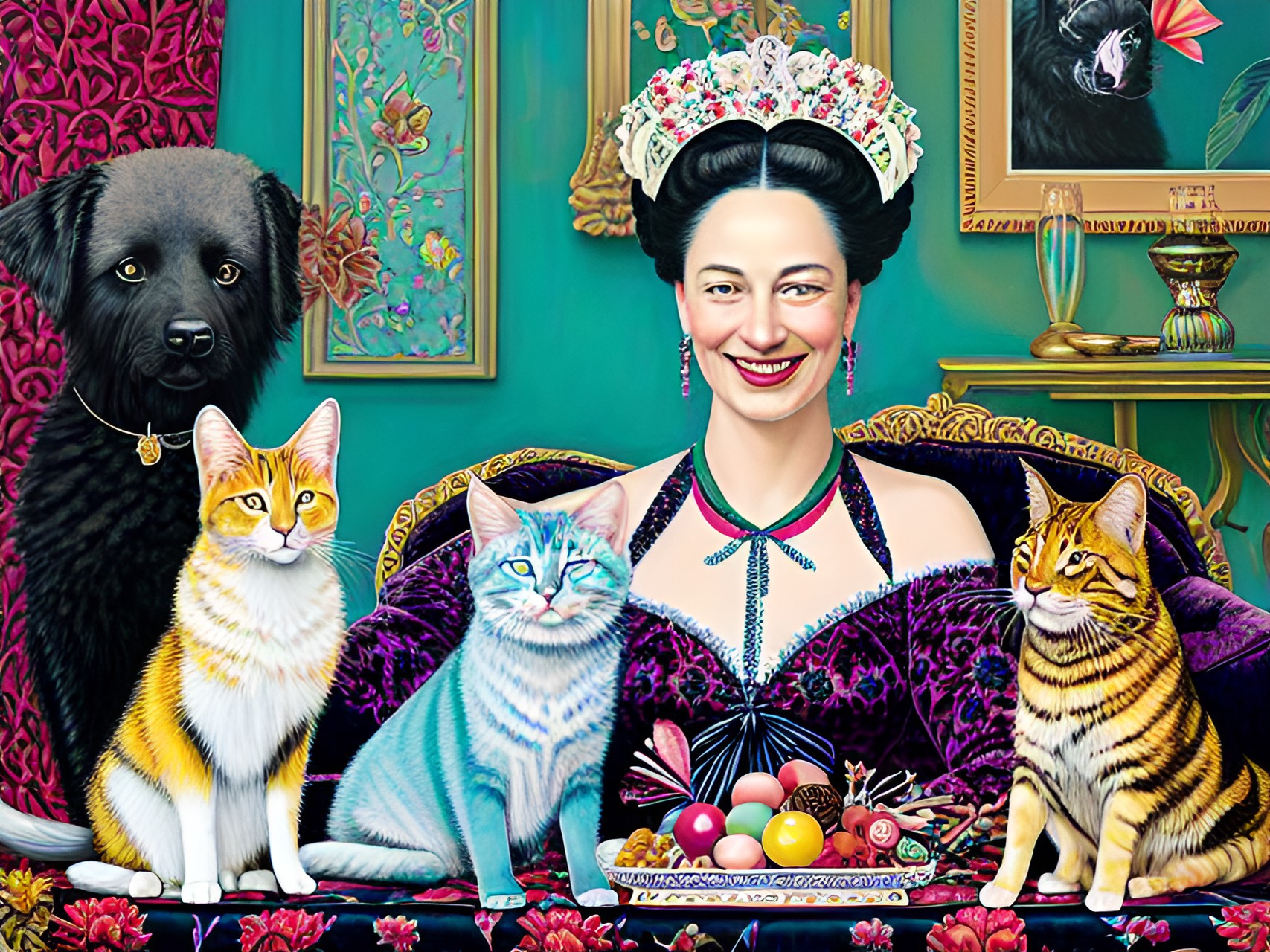 lighthearted portrait of a cheerful duchess and her pets with dark interior background scene, black, tones of red wine and midnight blue and gem tones of ruby sapphire diamond and emerald with contrasting bright highlights. preview