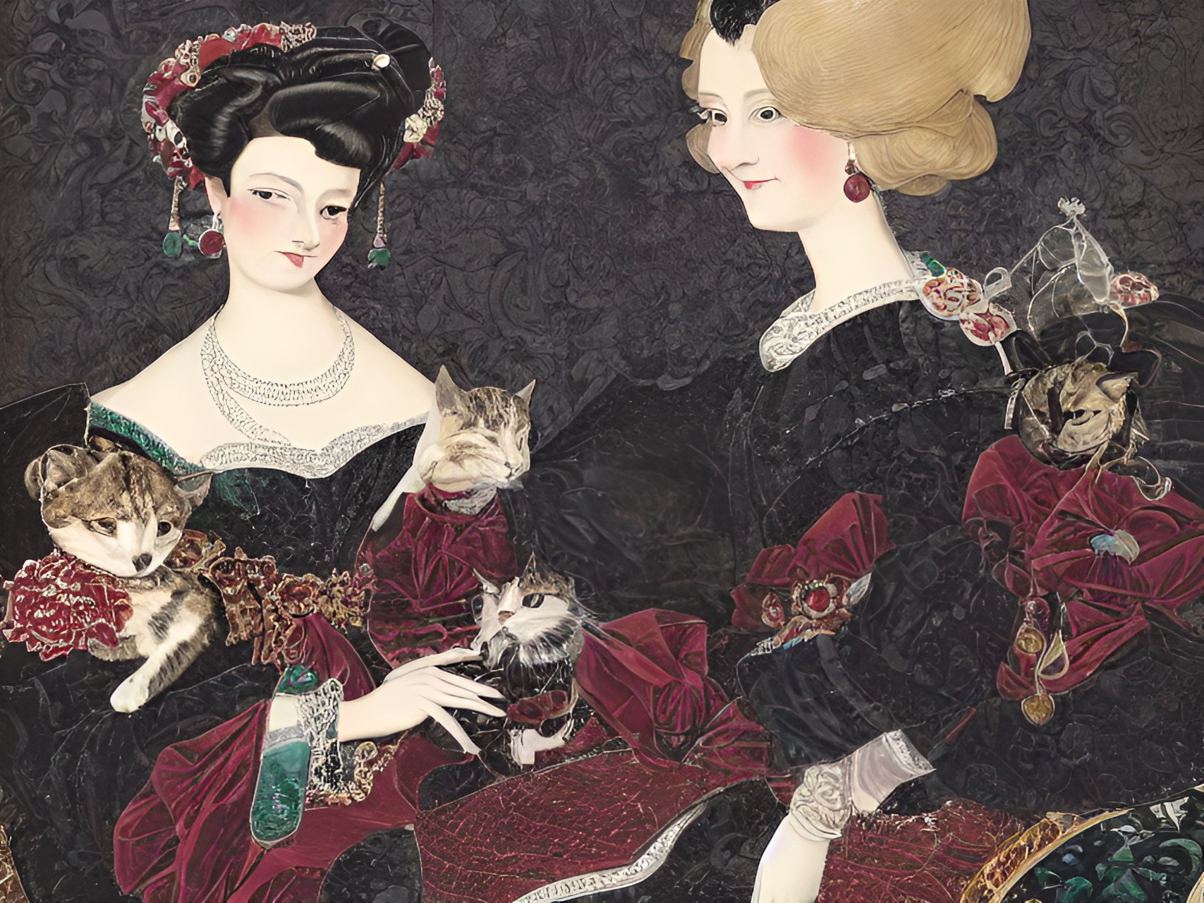 lighthearted portrait of a cheerful duchess and her pets with dark interior background scene, black, tones of red wine and midnight blue and gem tones of ruby sapphire diamond and emerald with contrasting bright highlights. preview