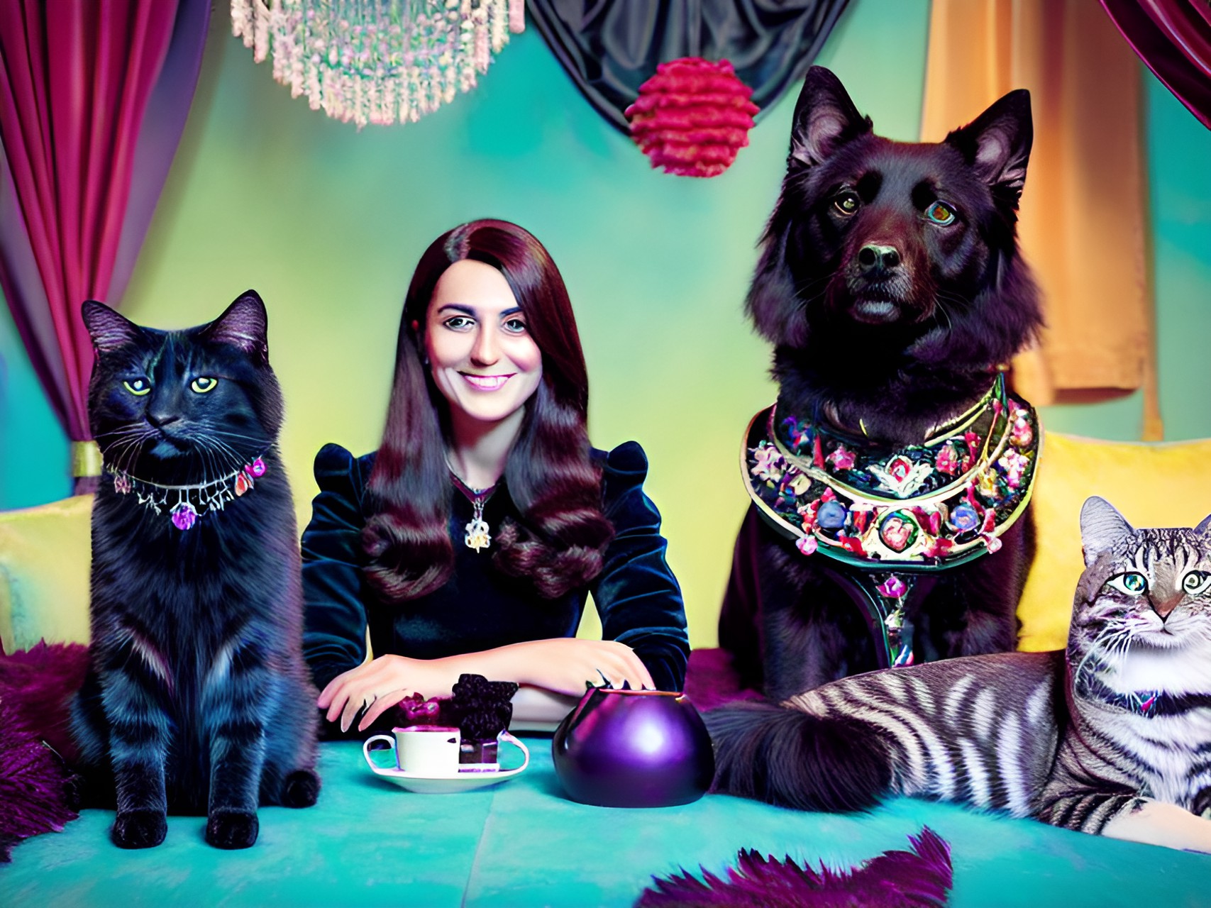 lighthearted portrait of a cheerful duchess and her pets with dark interior background scene, black, tones of red wine and midnight blue and gem tones of ruby sapphire diamond and emerald with contrasting bright highlights. preview