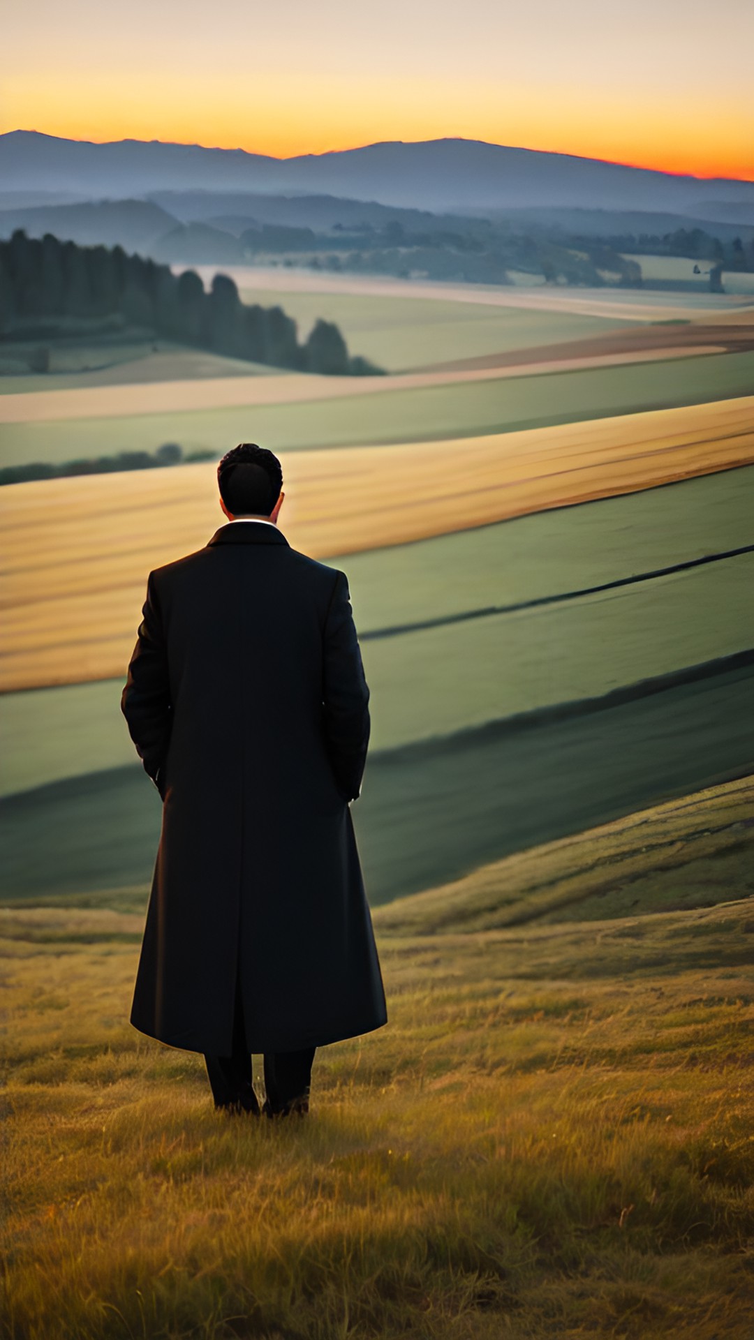 a man overlooking a field with a long flowing coat at dusk preview