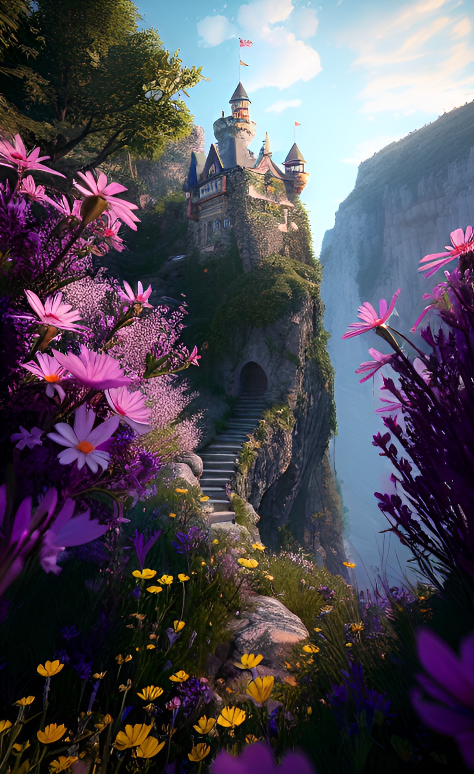 a castle on a cliff above  a meadow of wildflowers preview