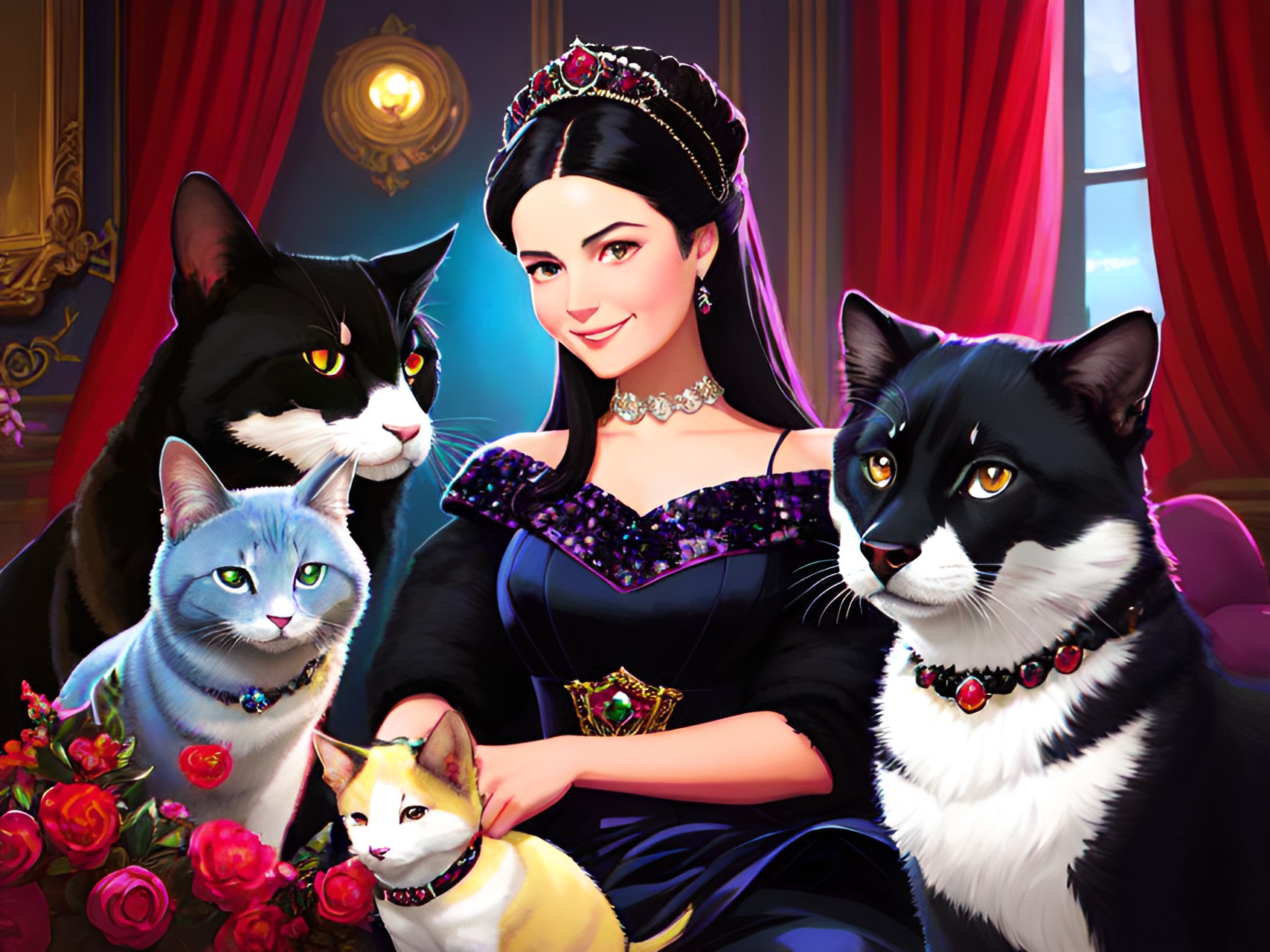 lighthearted portrait of a cheerful duchess and her pets with dark interior background scene, black, tones of red wine and midnight blue and gem tones of ruby sapphire diamond and emerald with contrasting bright highlights. preview