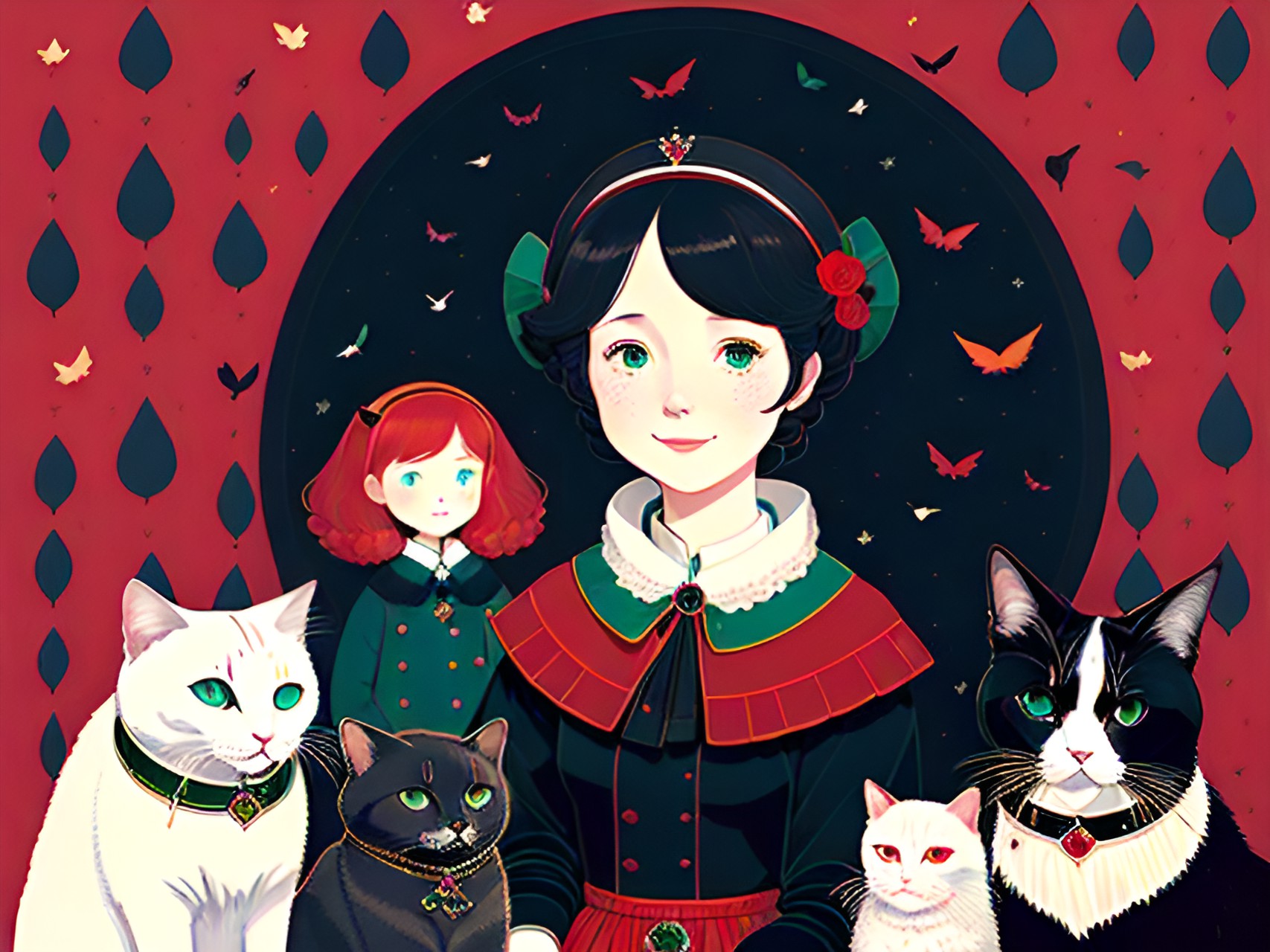 lighthearted portrait of a cheerful duchess and her pets with dark interior background scene, black, tones of red wine and midnight blue and gem tones of ruby sapphire diamond and emerald with contrasting bright highlights. preview