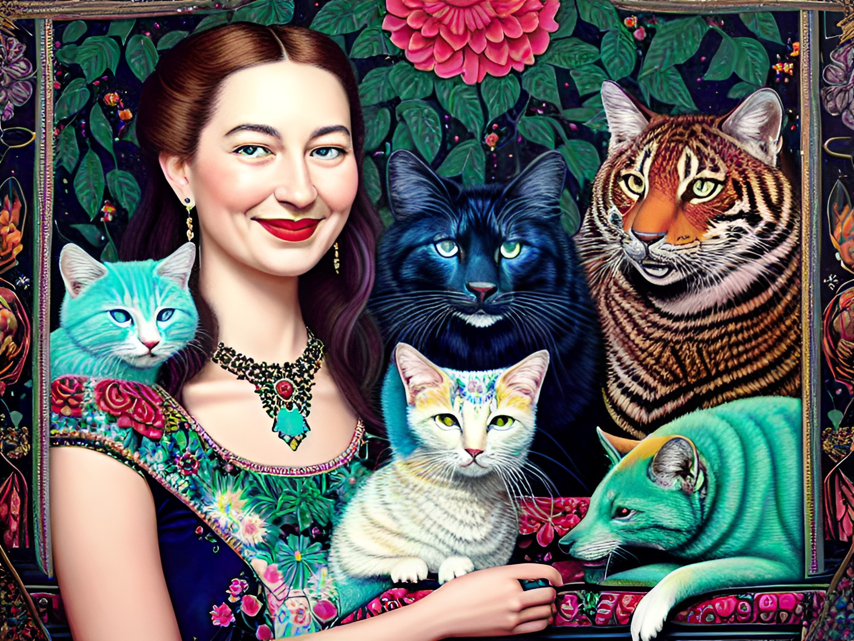 lighthearted portrait of a cheerful duchess and her pets with dark interior background scene, black, tones of red wine and midnight blue and gem tones of ruby sapphire diamond and emerald with contrasting bright highlights. preview