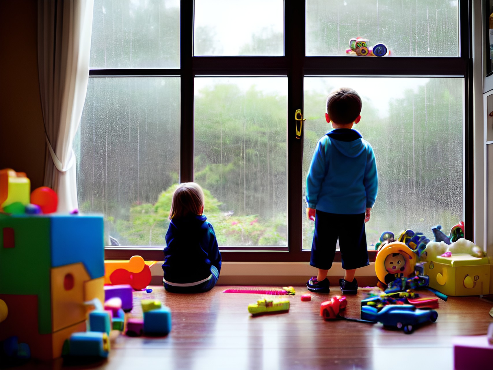 Rainy day - kids looking out a window at a rainy day.  toys scattered on the floor in the foreground preview