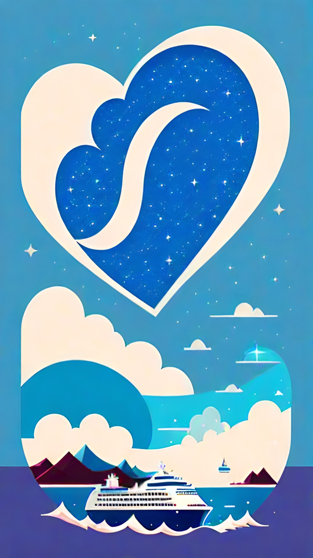 LB2 - a glittering heart shape against a blue sky with little puffy clouds over an ocean with a cruiseship preview