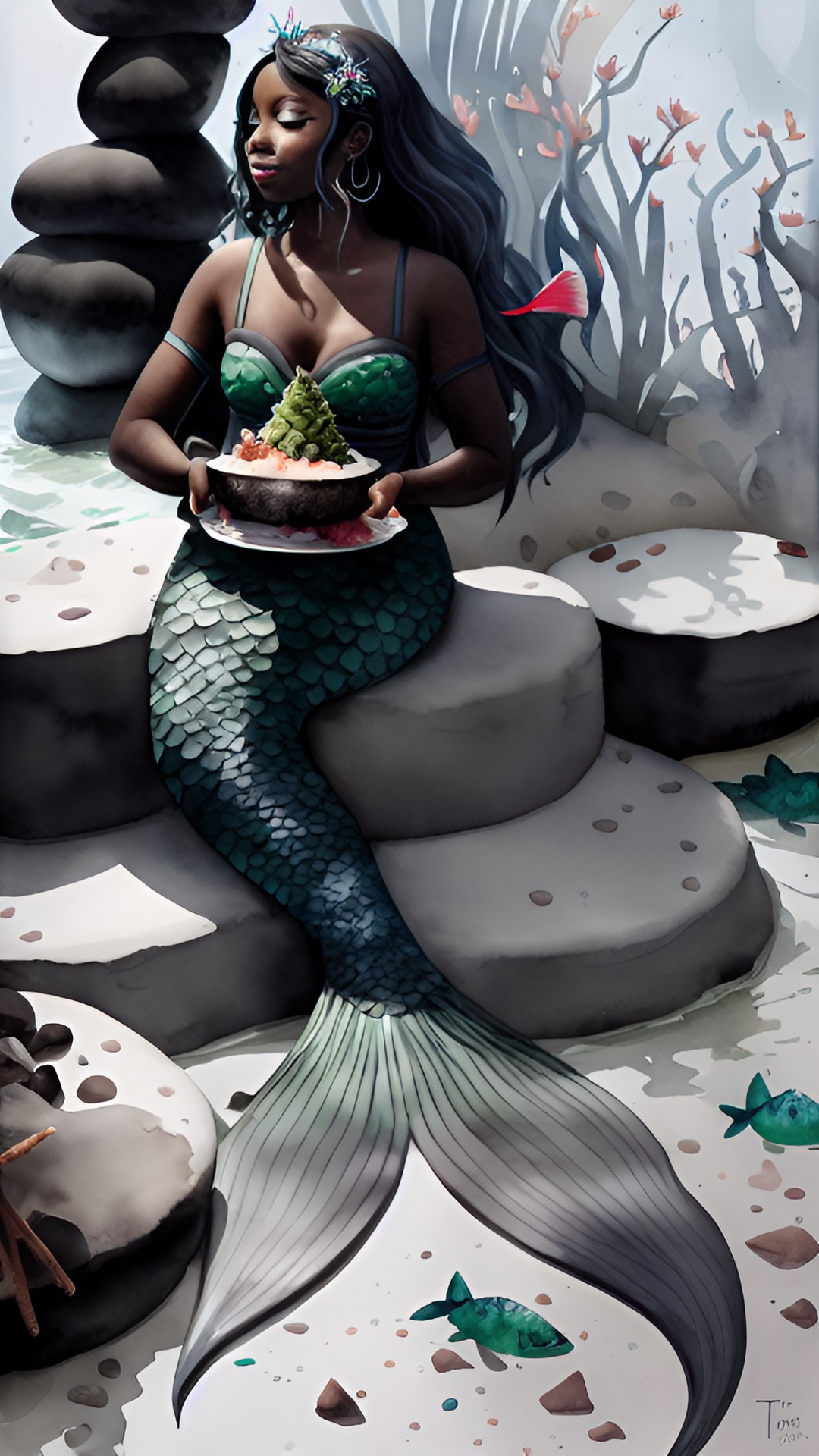 Mermaid with Food 23 - dark skin mermai, mermaid holding food, grey room, behind mermaid is seaweed, coral, stones, green details preview