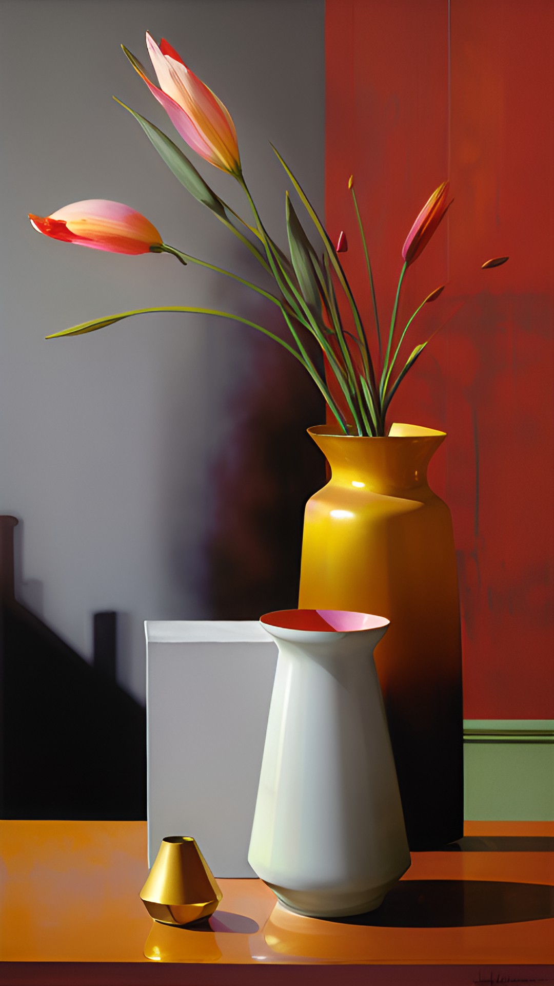 lillies in a vase, red, gold, pink, yellow in a concave vase preview