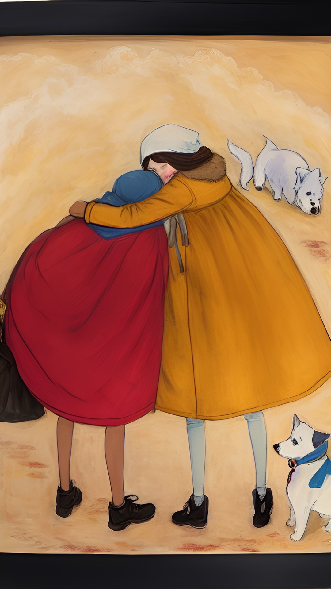 a mother and daughter hugging each other, the mother is wearing a red coat and a blue babuska. the daughter is wearing a gold billowing coat. a small white dog is on the lower right. preview