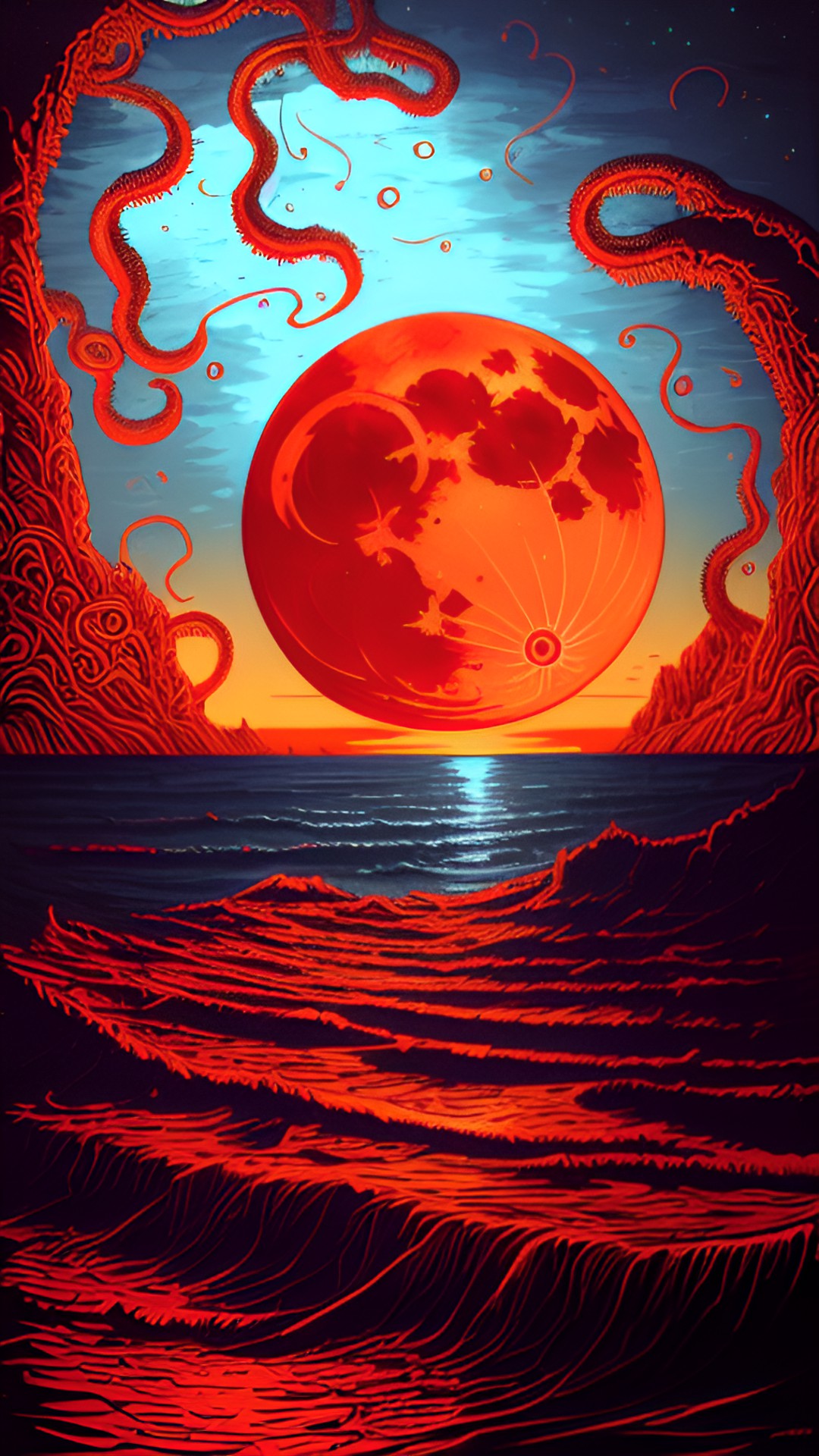 sunset at the bioluminescent bay; blood moon; tentacles looming in the depths preview