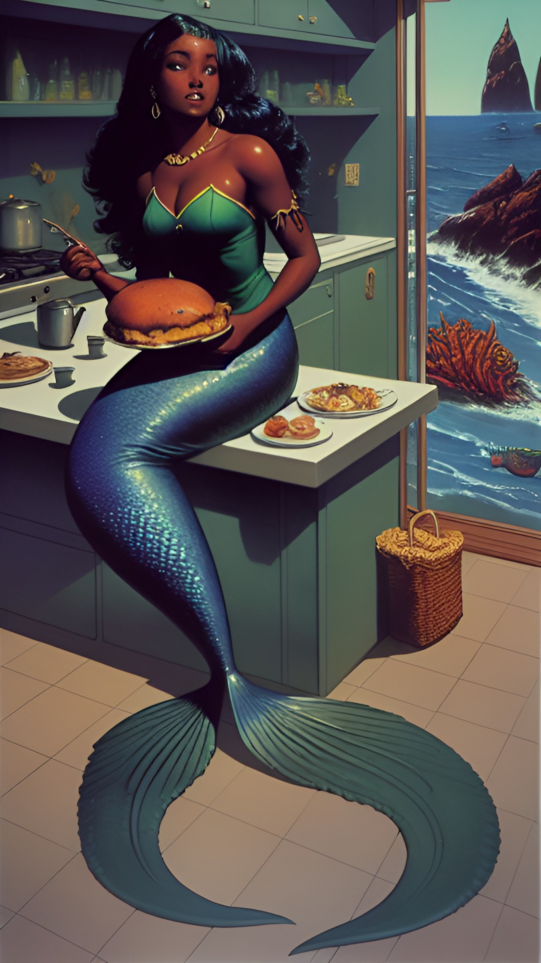 Mermaid in Kitchen 4 - a mermaid holding food, dark skin mermaid, kitchen preview