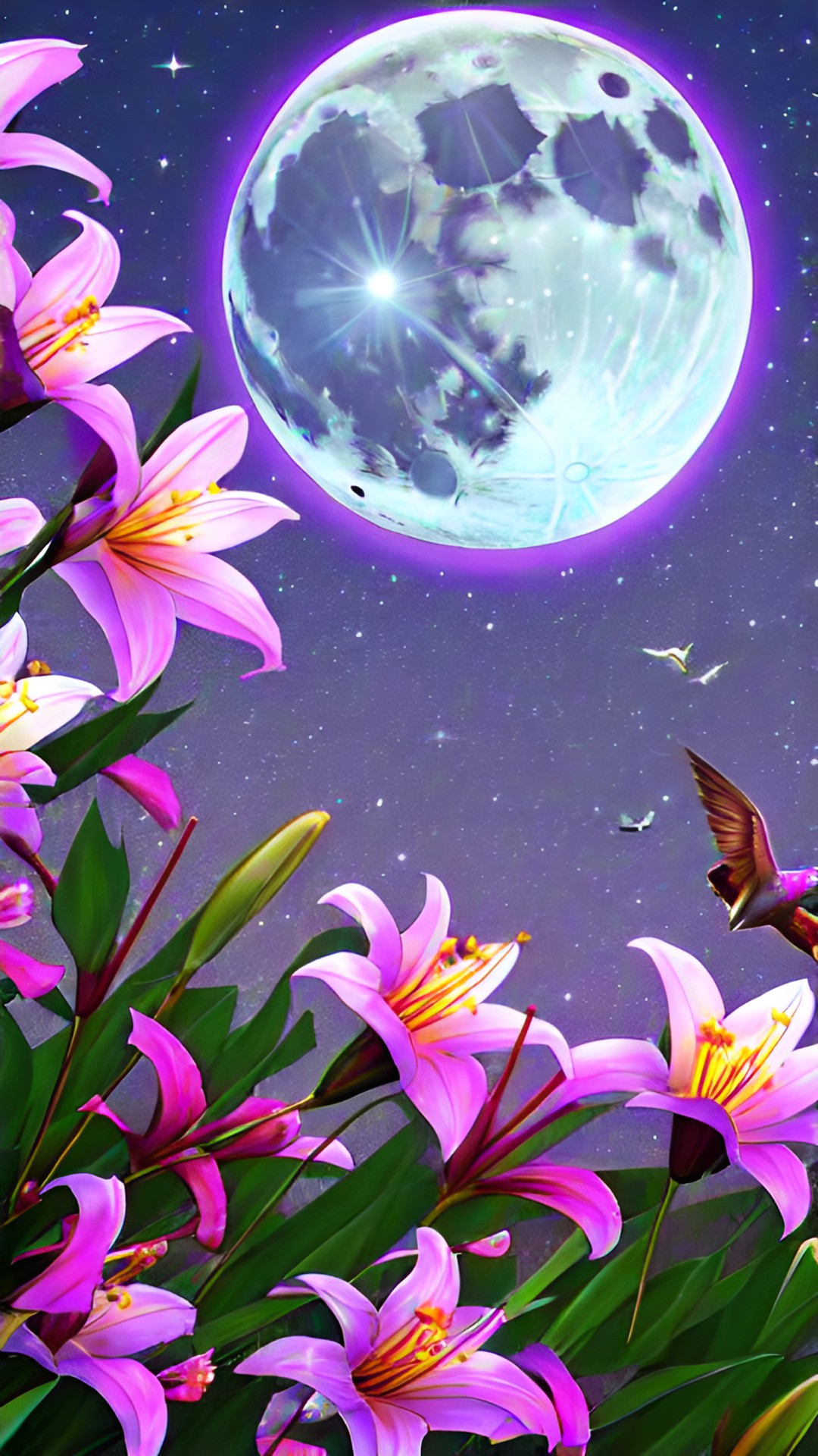 moon shines at dusk while hummingbirds fly around purple lilies preview