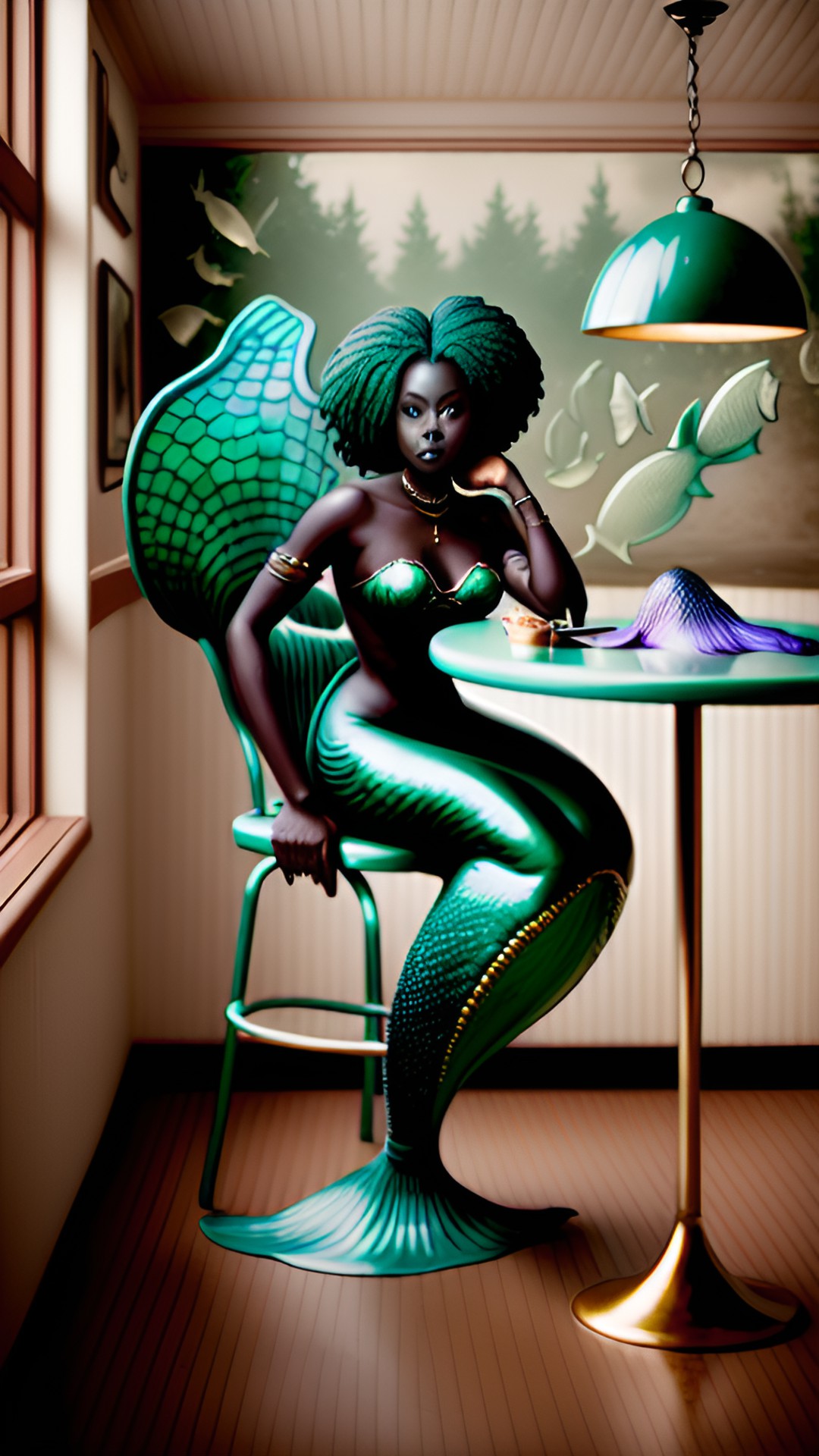 Table 6 - (mermaid sitting at a table), a dark skin mermaid with food on her table, circular table, dark skin mermaid sitting, $feet$, curves, barstool, diner preview