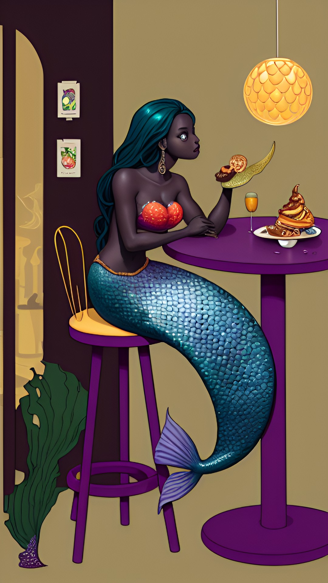 Table 09 - (mermaid sitting at a table), a dark skin mermaid with food on her table, circular table, dark skin mermaid sitting, $feet$, curves, barstool, diner preview