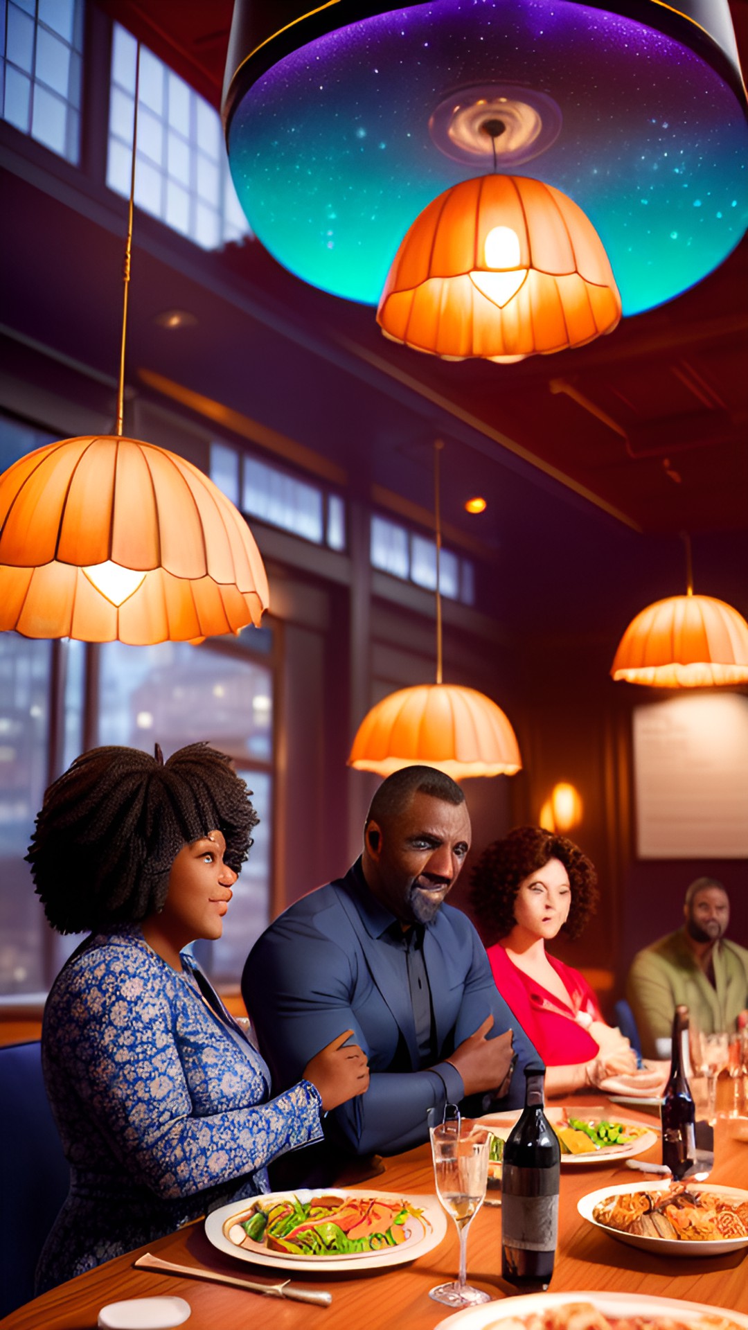 Dinner Party 1 - (susan wokoma and idris elba sitting at a table)++, (sitting at a large round table eating)+, sitting on a barstool, dinner party, crowd, 4k sharp focus, 8k depth of field preview