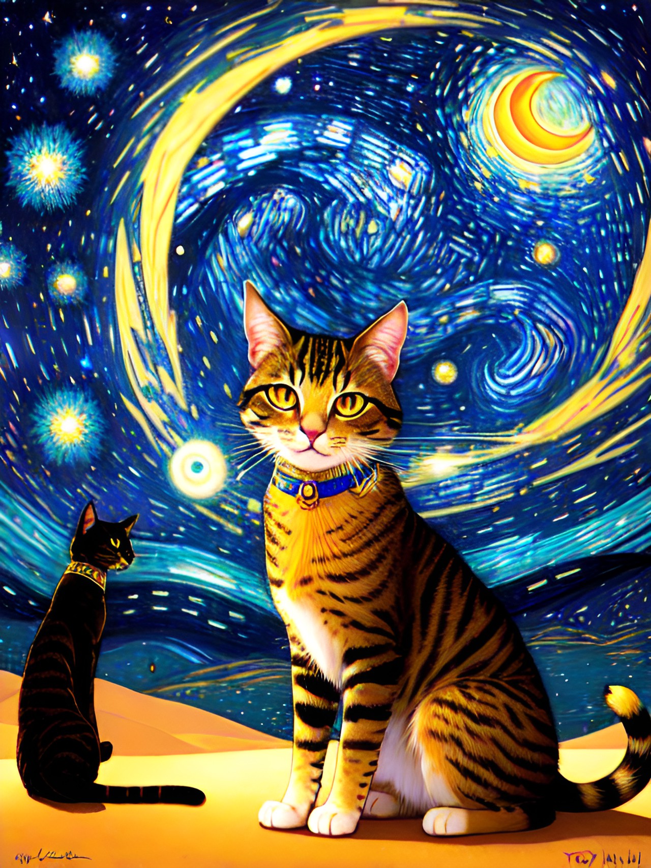 Starry Night - egyptian cat queen in the desert, starry night, colorful, kitty preview