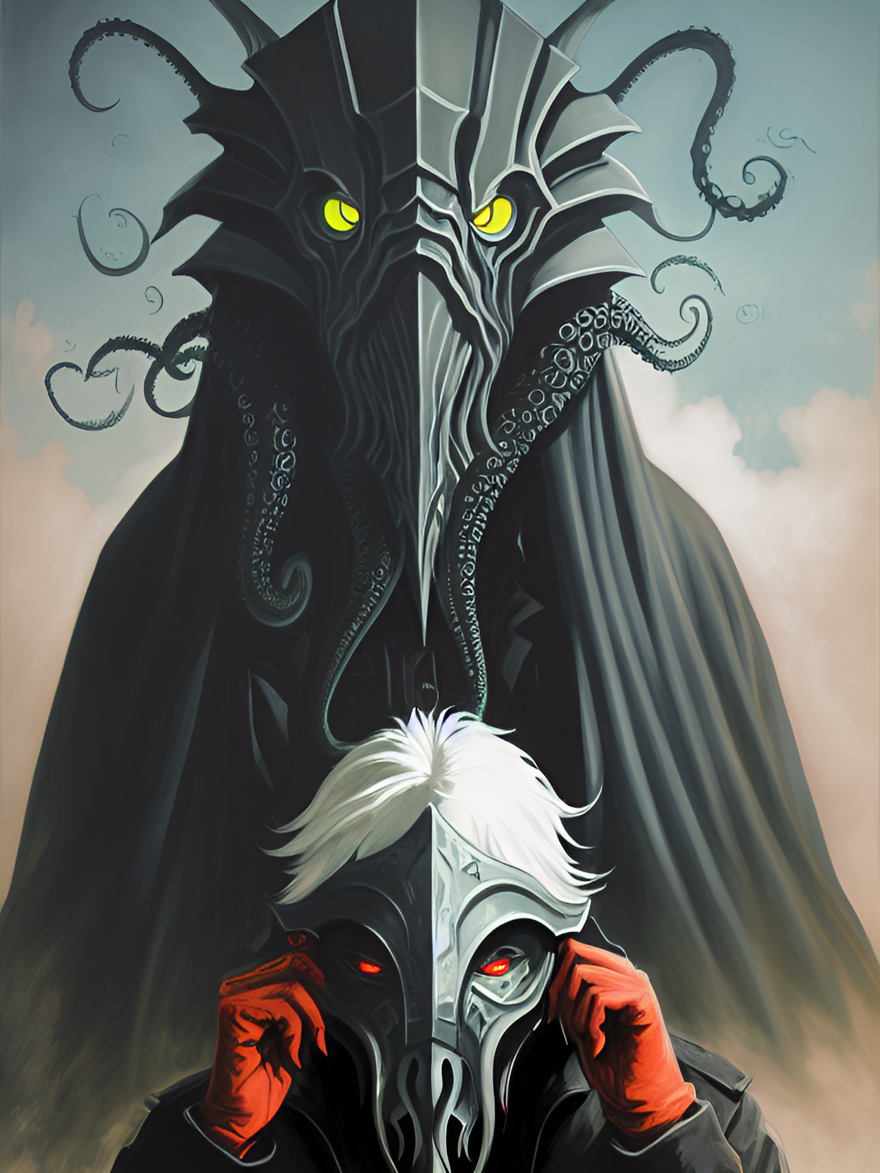 a man in black with gray hair holds a cthulhu mask. the mask is green and tentacled, with glowing red eyes. he looks mysterious and ominous. preview