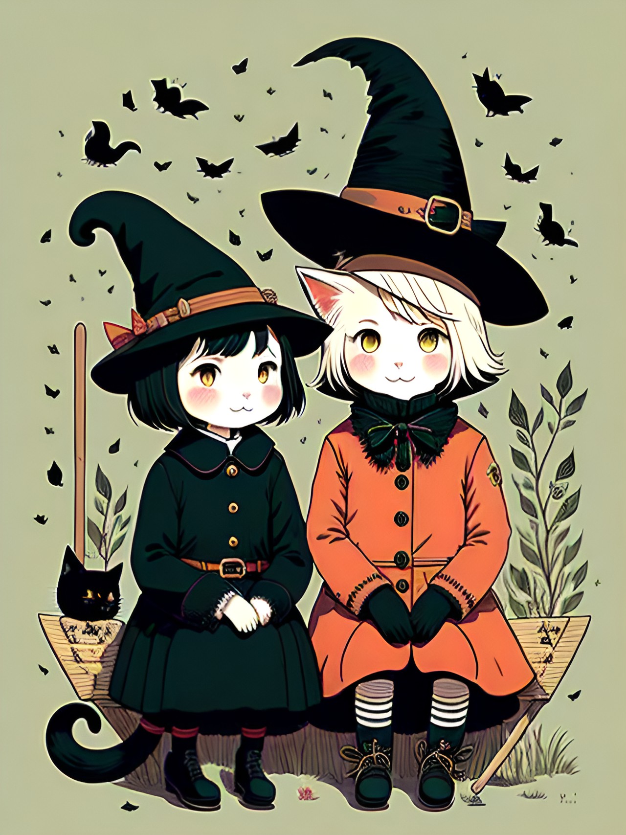 my kitty cat with my witch friend - my kitty cat and my witch friend, sitting together on a broomstick. they're both wearing pointy hats and have mischievous smiles. preview