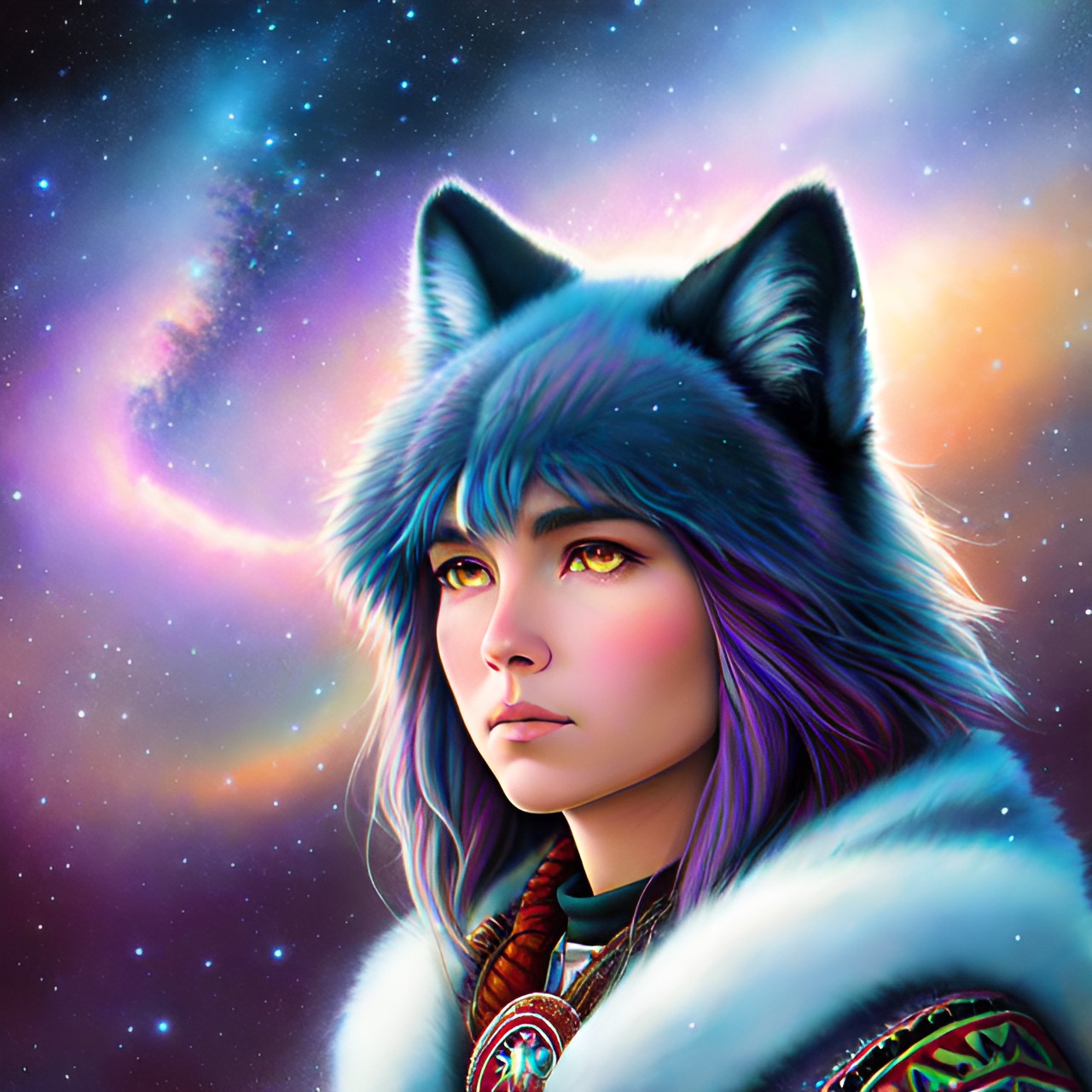 native america little foot near her wolf pastel colors, snow galaxy preview