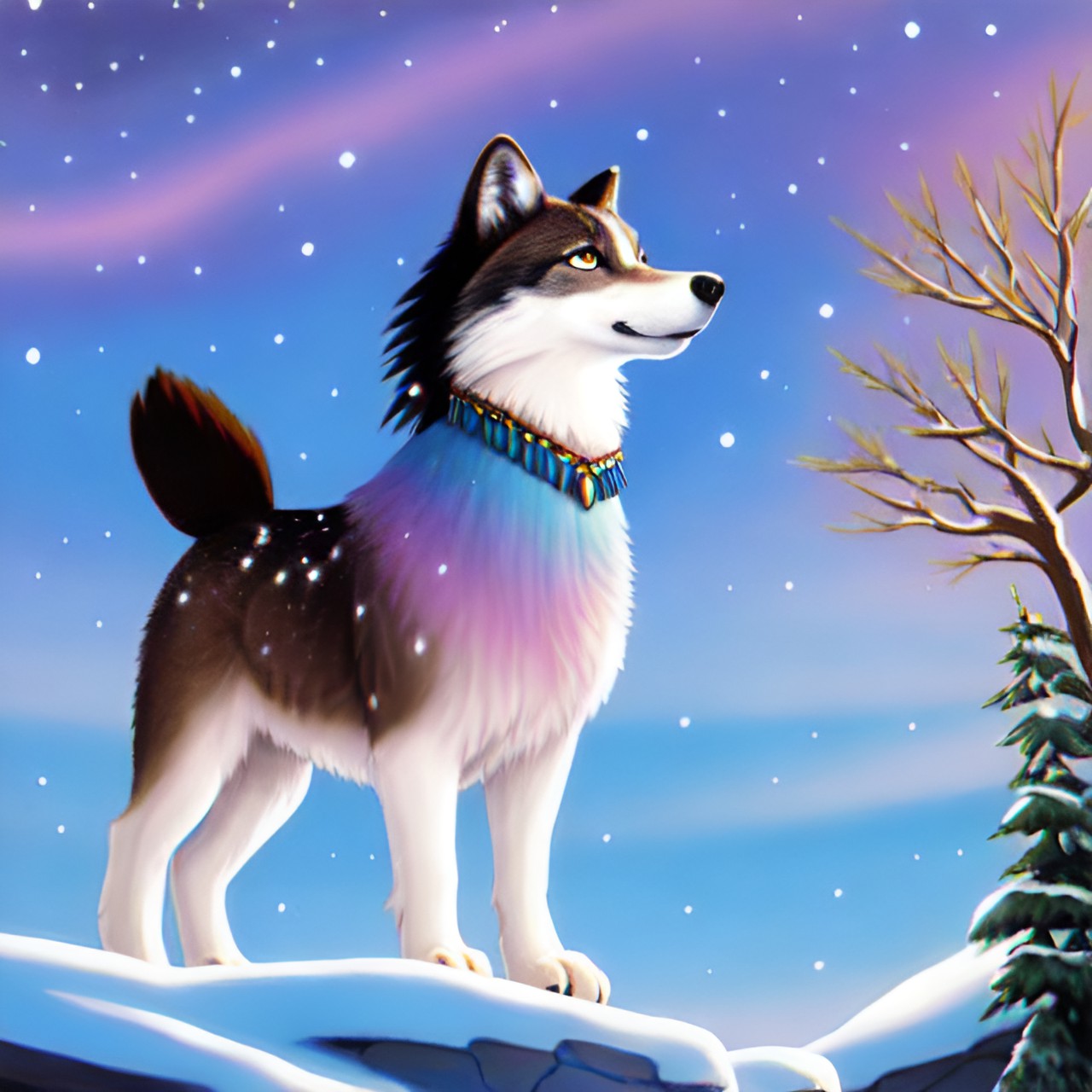 native america little foot near her wolf pastel colors, snow galaxy, blue and white skies preview