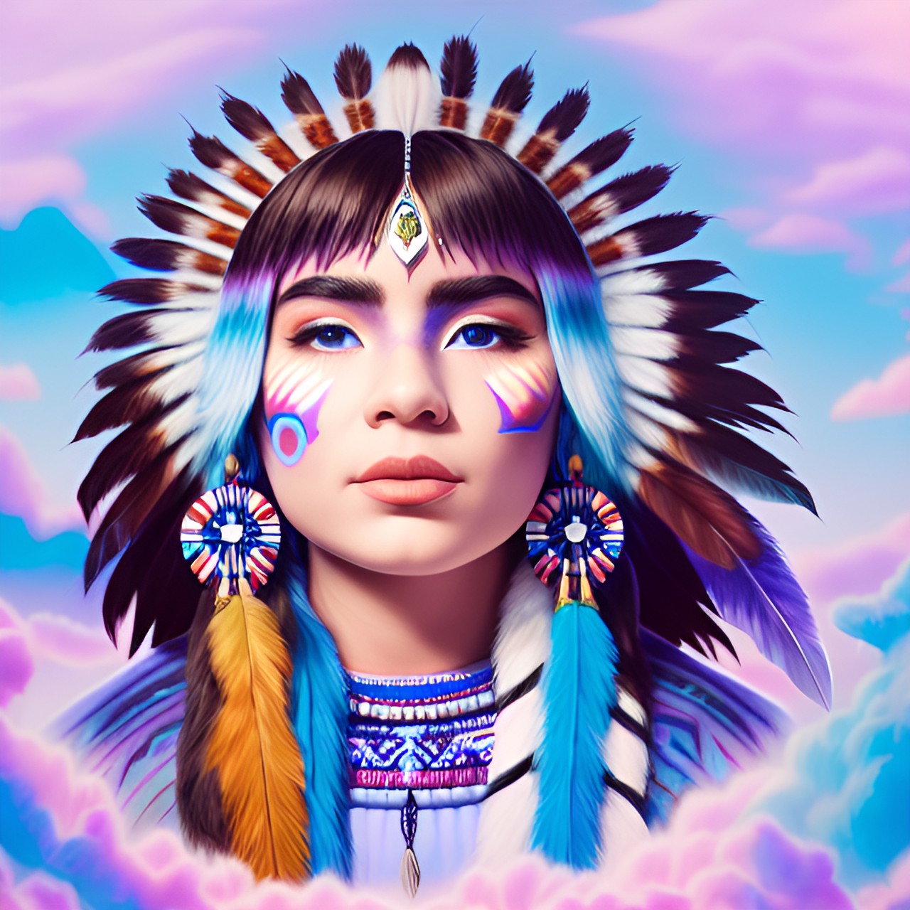 native america little foot near her wolf pastel colors, snow galaxy, blue and white skies preview