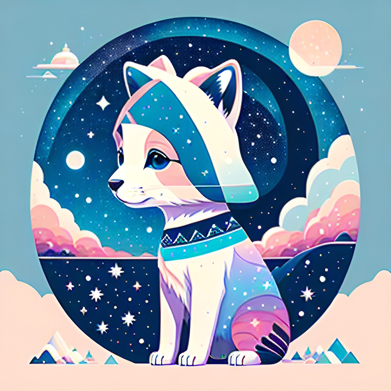 native america little foot near her wolf pastel colors, snow galaxy, blue and white skies preview