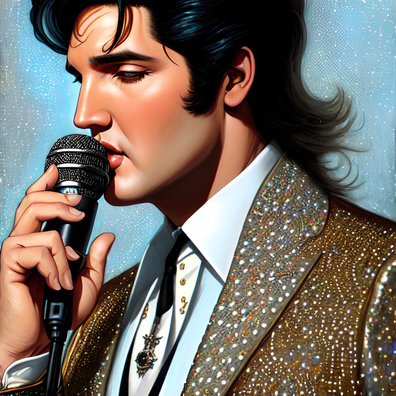 Elvis Presley - elvis presley singing into a microphone wearing a white bedazzled suit preview