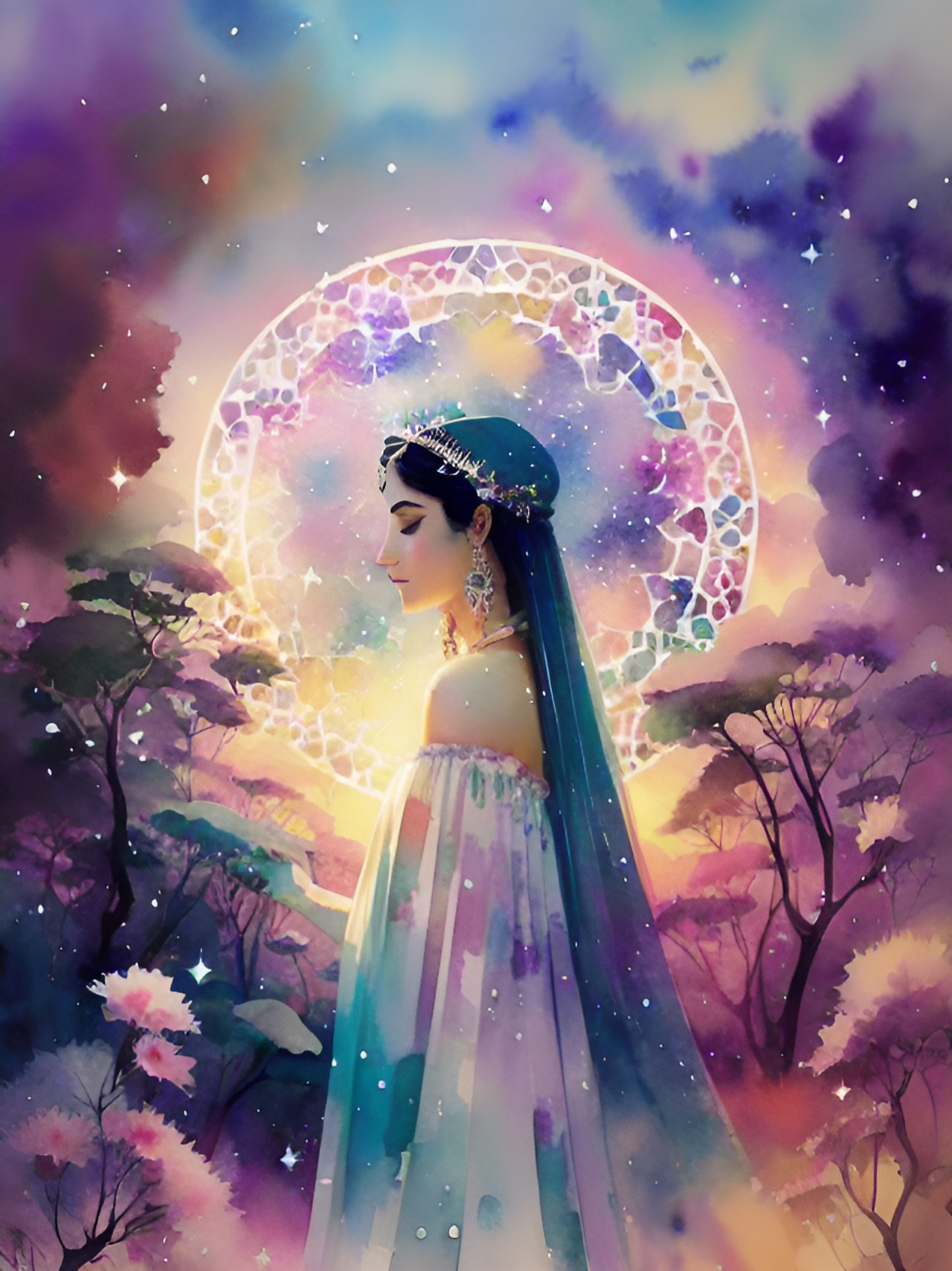 a mystical cosmic goddess adorned with celestial jewelry, surrounded by ethereal creatures in a divine garden. preview