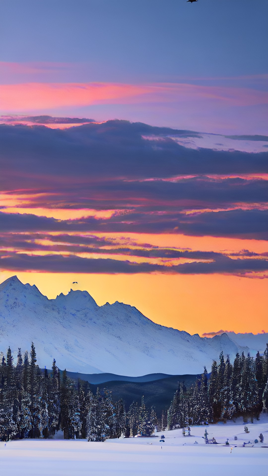 blackbirds flying over snow white mountains at dusk preview