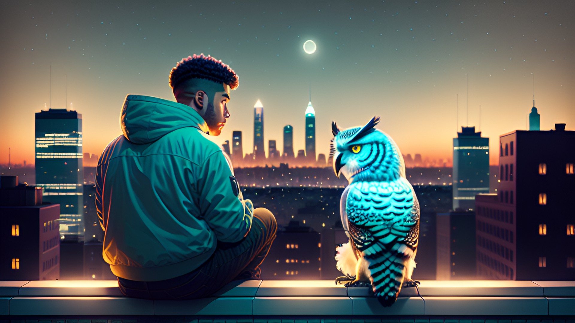 4 - mixed guy sitting on rooftop looking at city skyline at night with a white owl  - mixed guy sitting on a rooftop, gazing at the cityscape at night, accompanied by a majestic white owl. preview