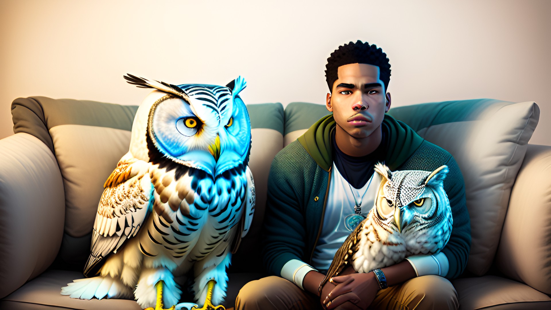 T - mixed man laying on couch with a white owl - mixed man in a relaxed position on a couch, accompanied by a majestic white owl. the man's expression is serene preview