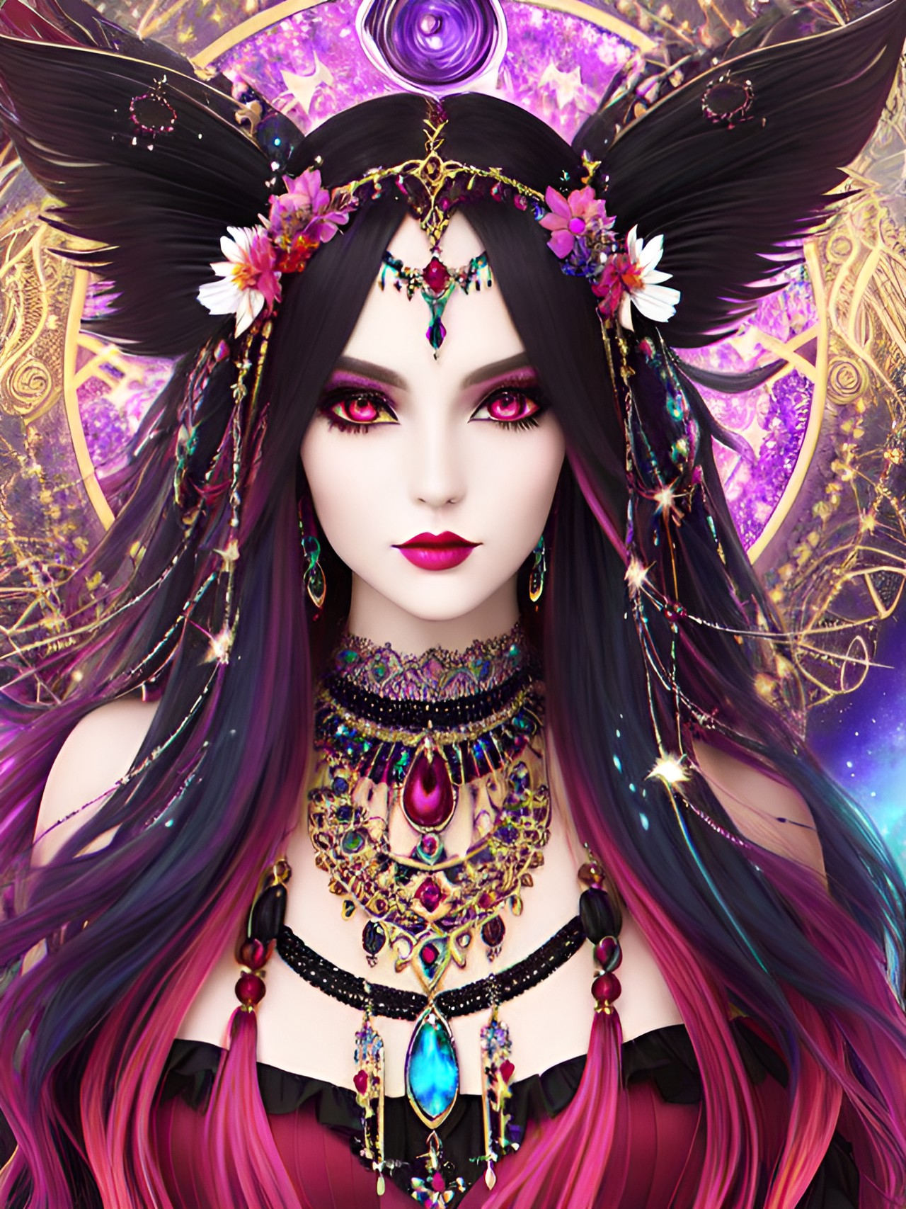 enchanting,sinister,boho devil casting magical powers,piercing💎eyes,long,flowing,✨multicolored hair&hair extensions,adorned with elegant accessories like feather,headpiece,layered necklaces,beads&flowers.sparkling✨gemstone💎earrings&jewelry. defined cheekbones,surrounded by swirling colors&a celestial background. preview