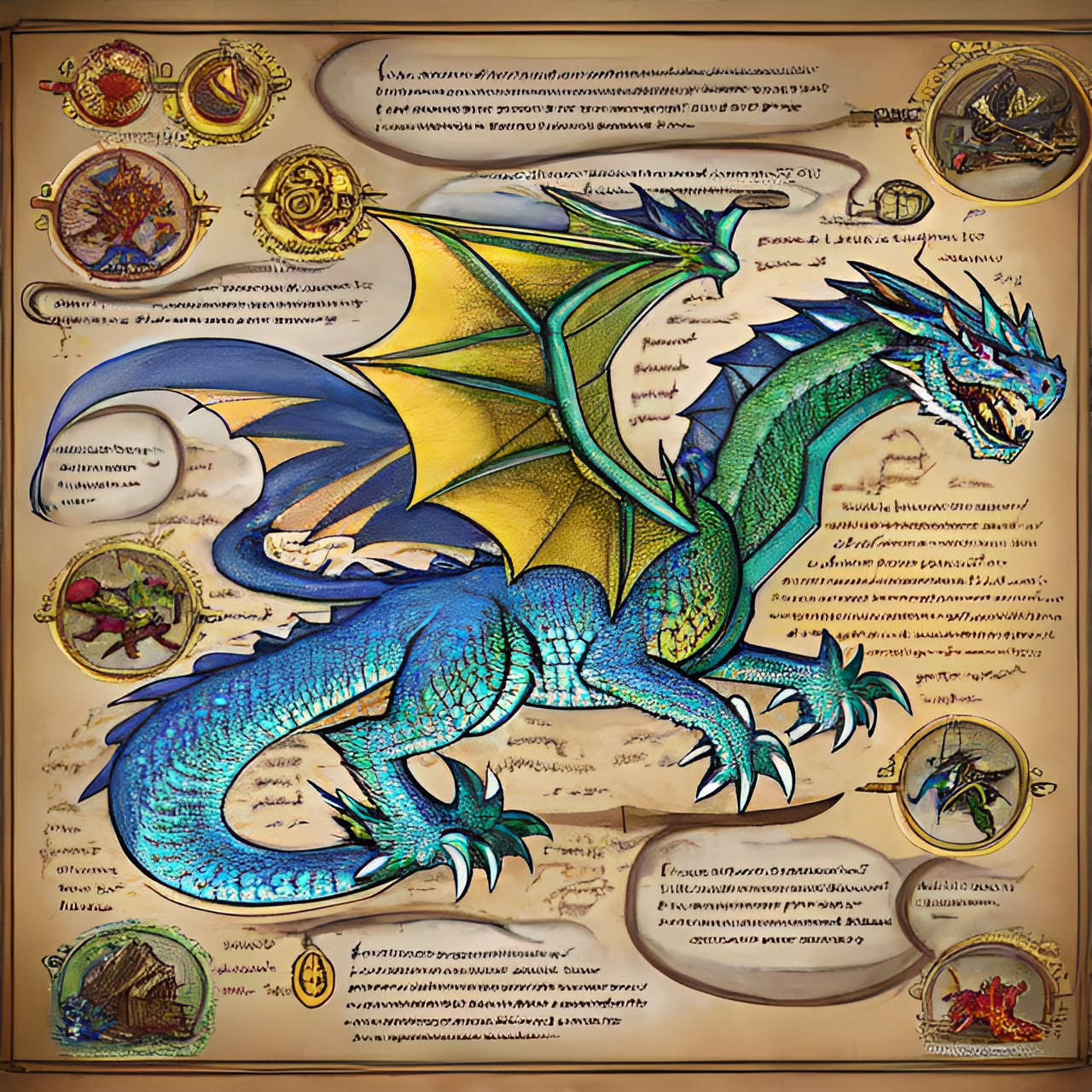 Parchment Of Dragon - parchment sketch of dragons powers and moves with diagrams and descriptions. preview