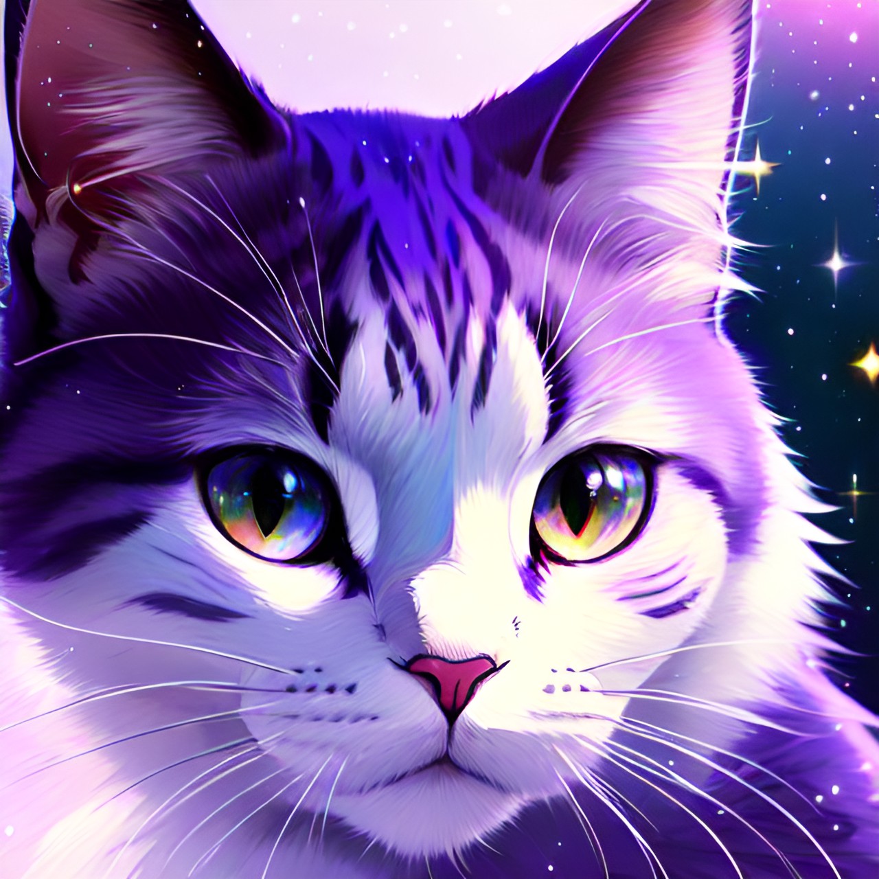 white kitty, close up, light purple background, glitter, magic, cartoon, elegance preview