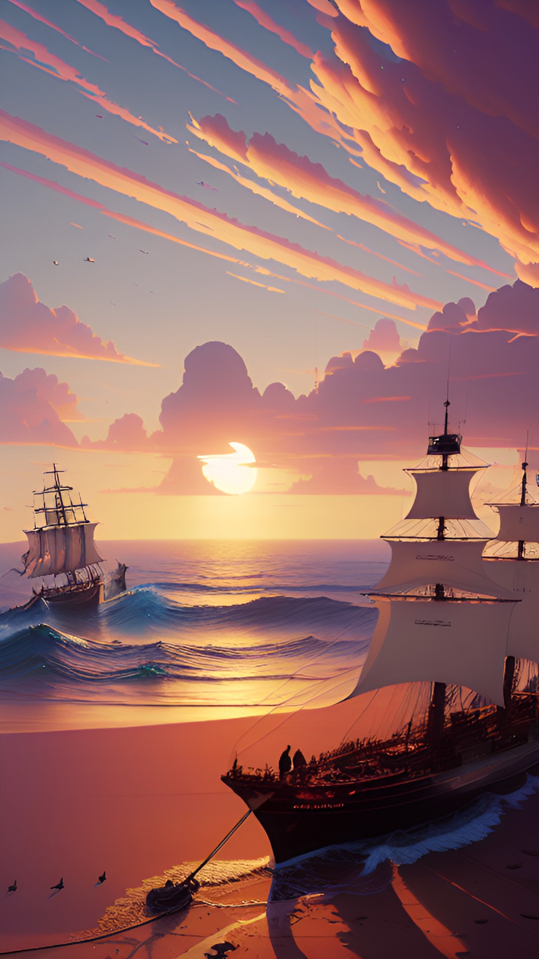 sunset
tall ships
clouds
boats
waves
foam 
lighthouse preview