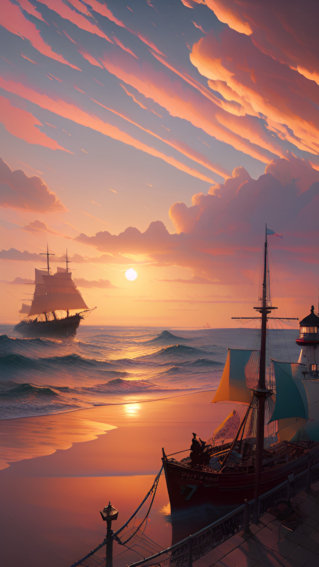 sunset
tall ships
clouds
boats
waves
foam 
lighthouse preview