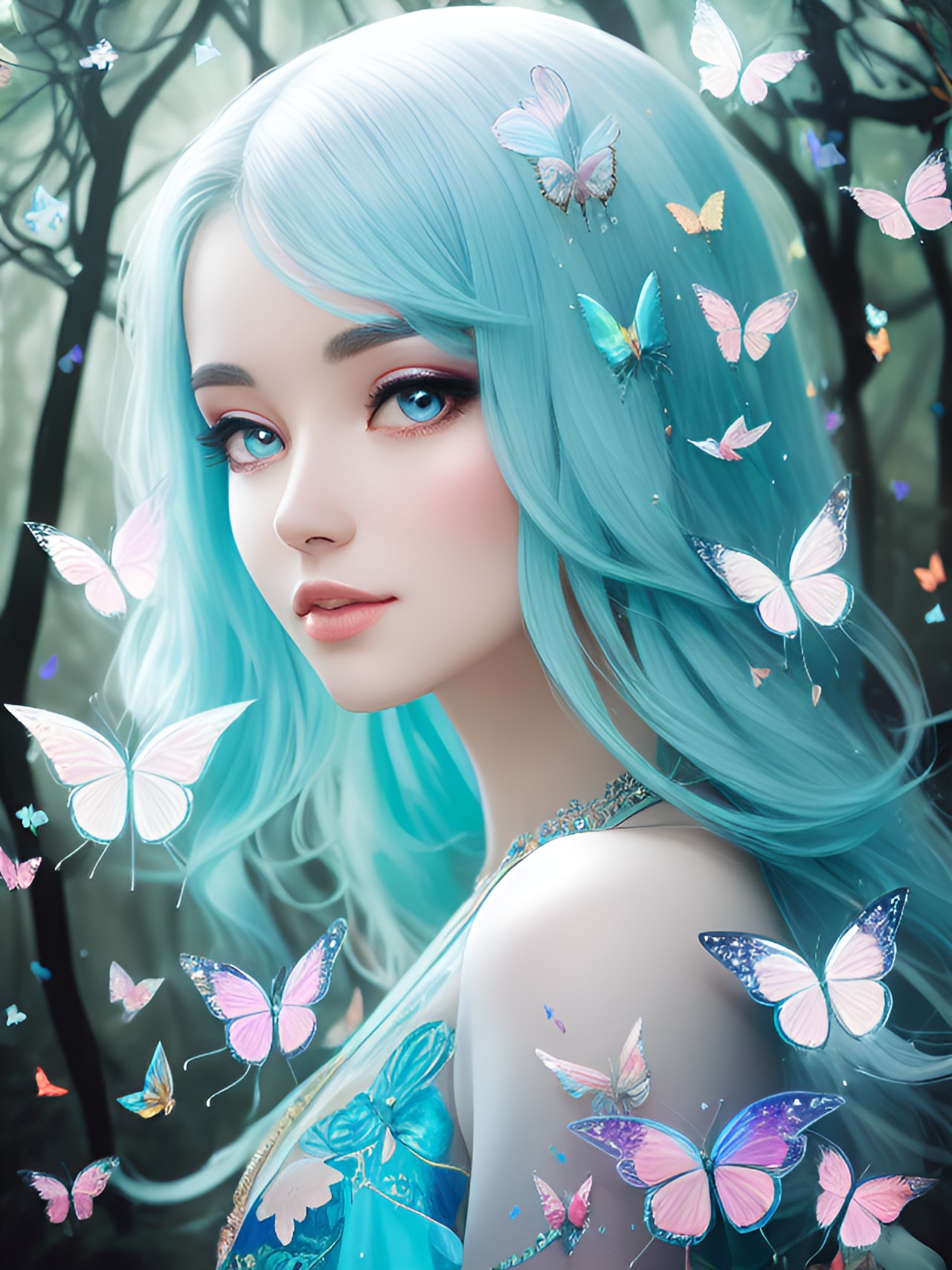 a stunning ethereal celestial nymph,flawless face,porcelain-like skin, surrounded by a kaleidoscope of shimmering butterflies in a magical forest preview