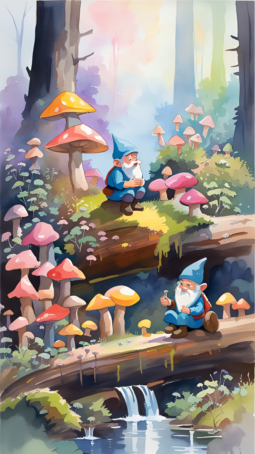 tiny mushrooms growing on a log in the forest being tended by gnome farmers preview