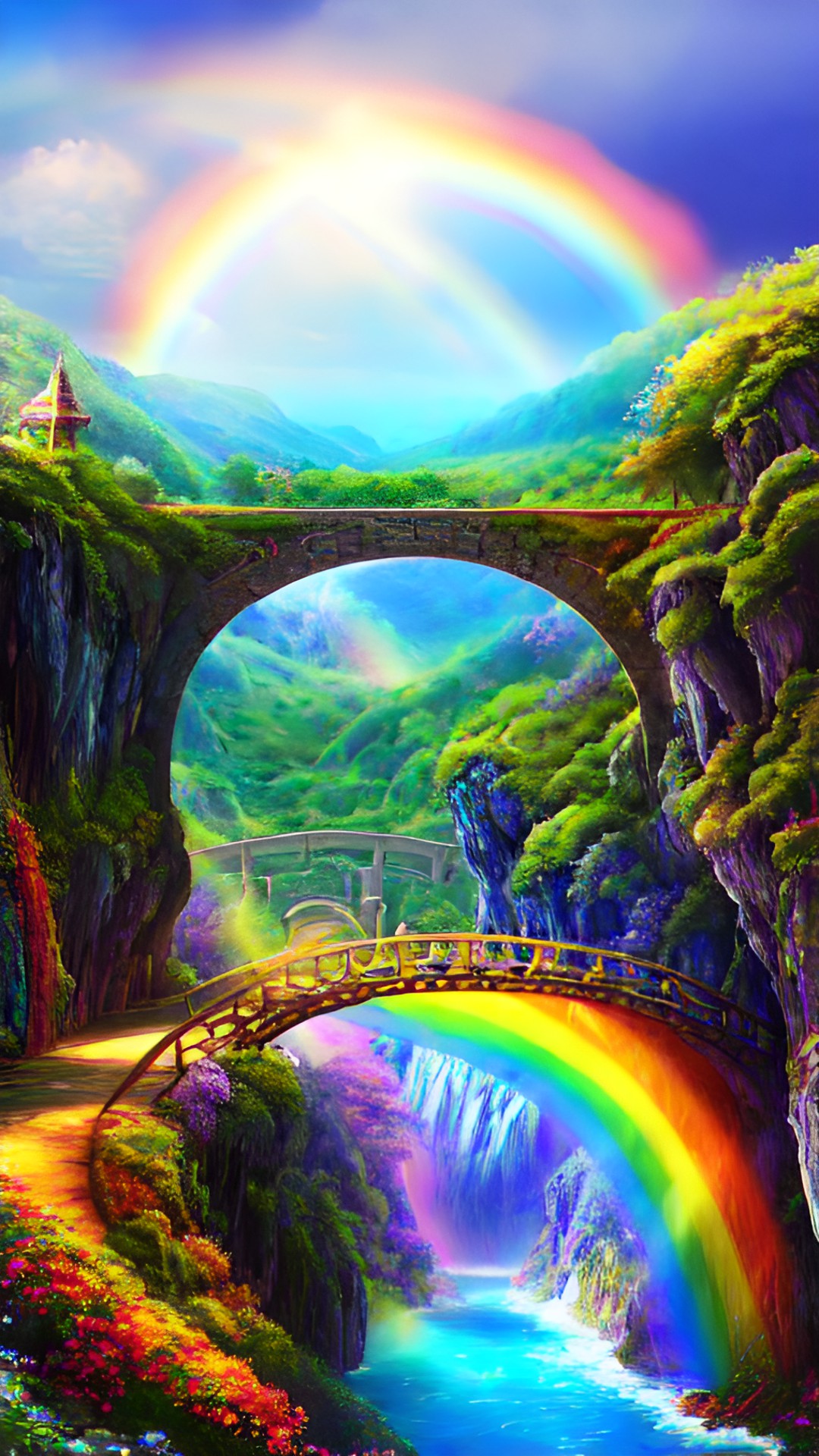 a mystical landscape with a rainbow bridge leading to a hidden kingdom. preview