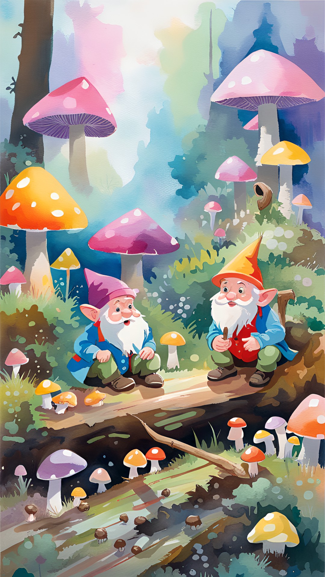 tiny mushrooms growing on a log in the forest being tended by gnome farmers preview