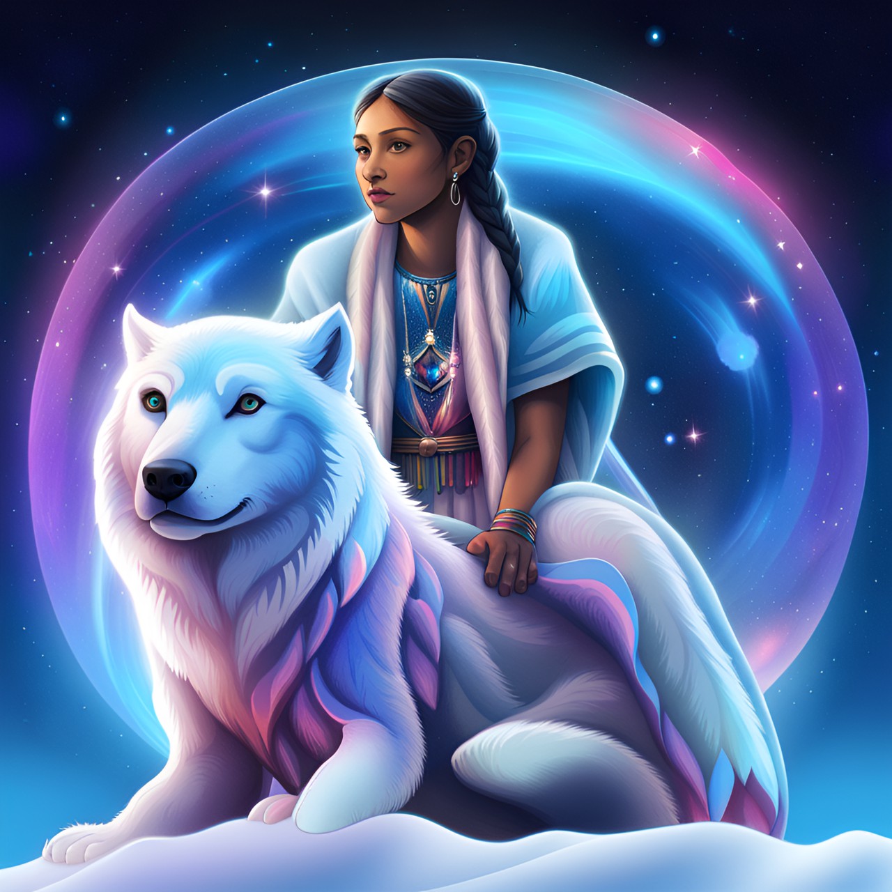 native america little foot near her wolf pastel colors, snow galaxy, blue and white skies preview