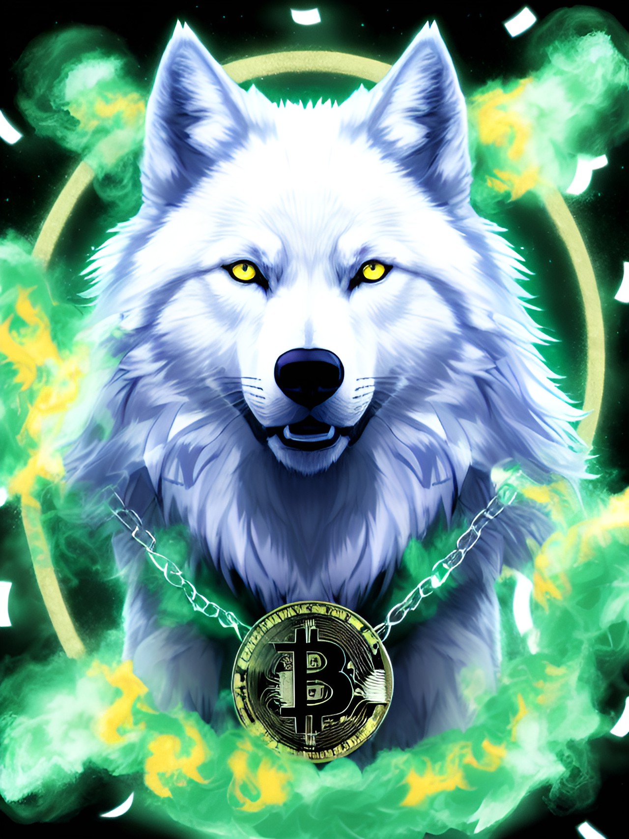 Volted BTC Wolf - white wolf with bitcoin logo and burning green thunder preview